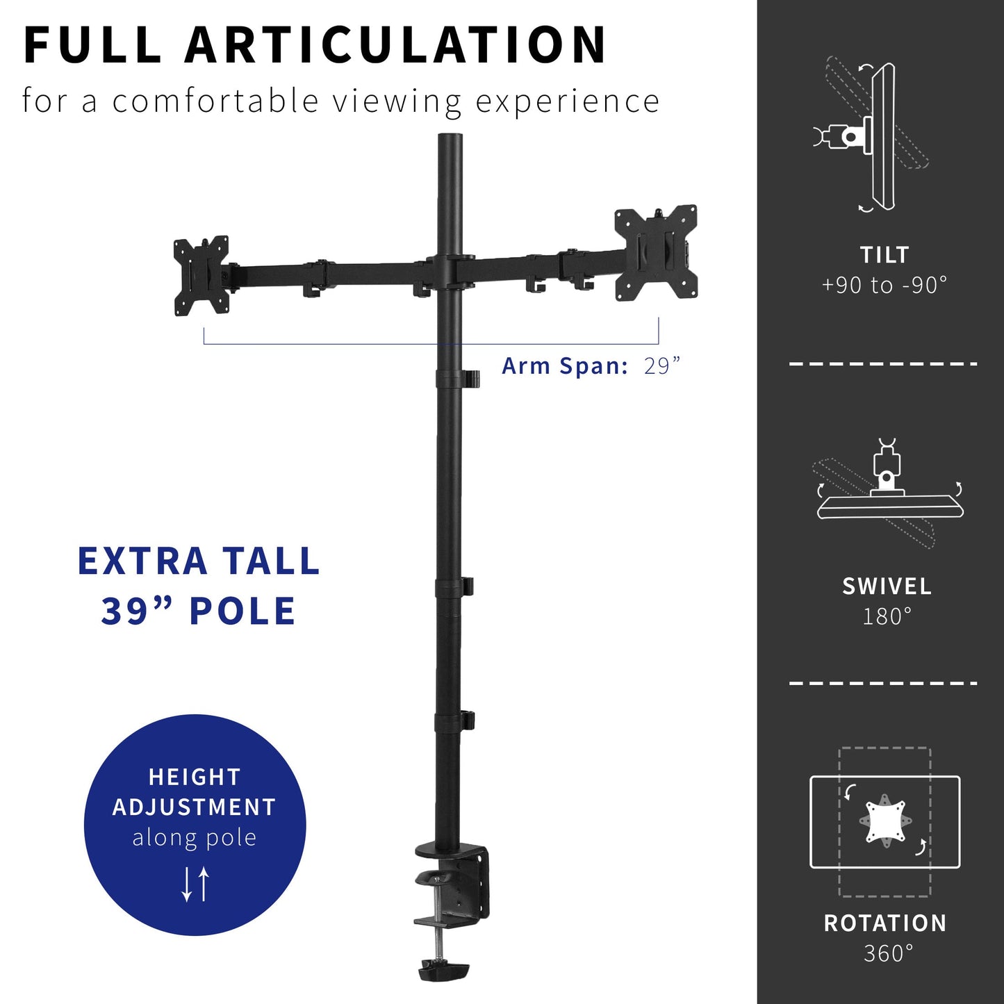 VIVO Dual Monitor Stand Up Desk Mount Extra Tall 99cm Pole, Fully Adjustable Stand for up to 27 inch Screens, STAND-V012