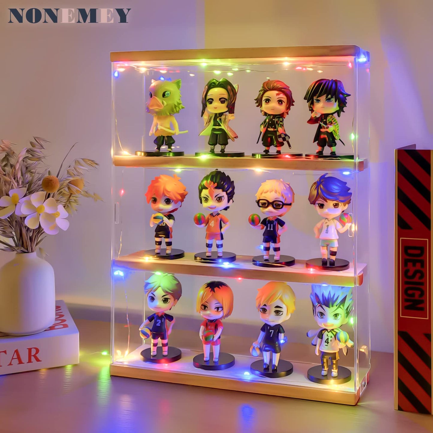 NONEMEY Clear Acrylic Display Case Stand with Wood Base 2 Tier、3 Tier、12/24 Compartments Storage Box Wall Mount Showcase Dustproof Organizer Box for Collectibles