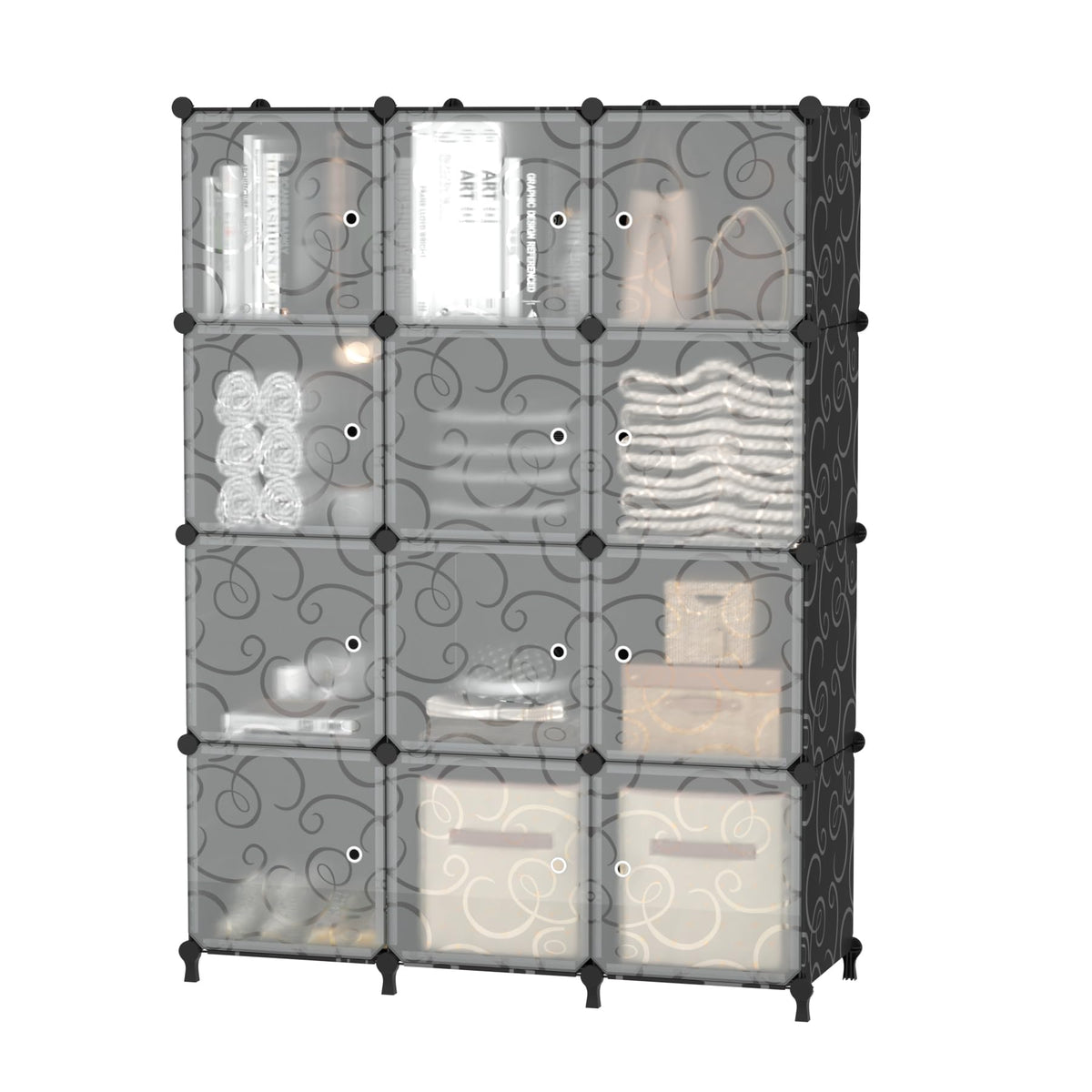 AWTATOS 12 Cube Storage Organizer with Doors, DIY Plastic Closet Shelf, Modular Bookshelf, Stackable Shelving Rack for Bedroom, Living Room, Black