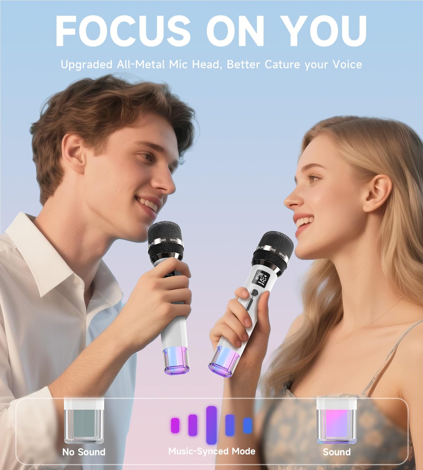 Wireless Microphones, Micorphone with One-to-One Chip Connection and LED Lights, 40H Duration, 200FT Range Receiving, Volume Control Karaoke Micorphone for Singing, Speech, Home Party (White)