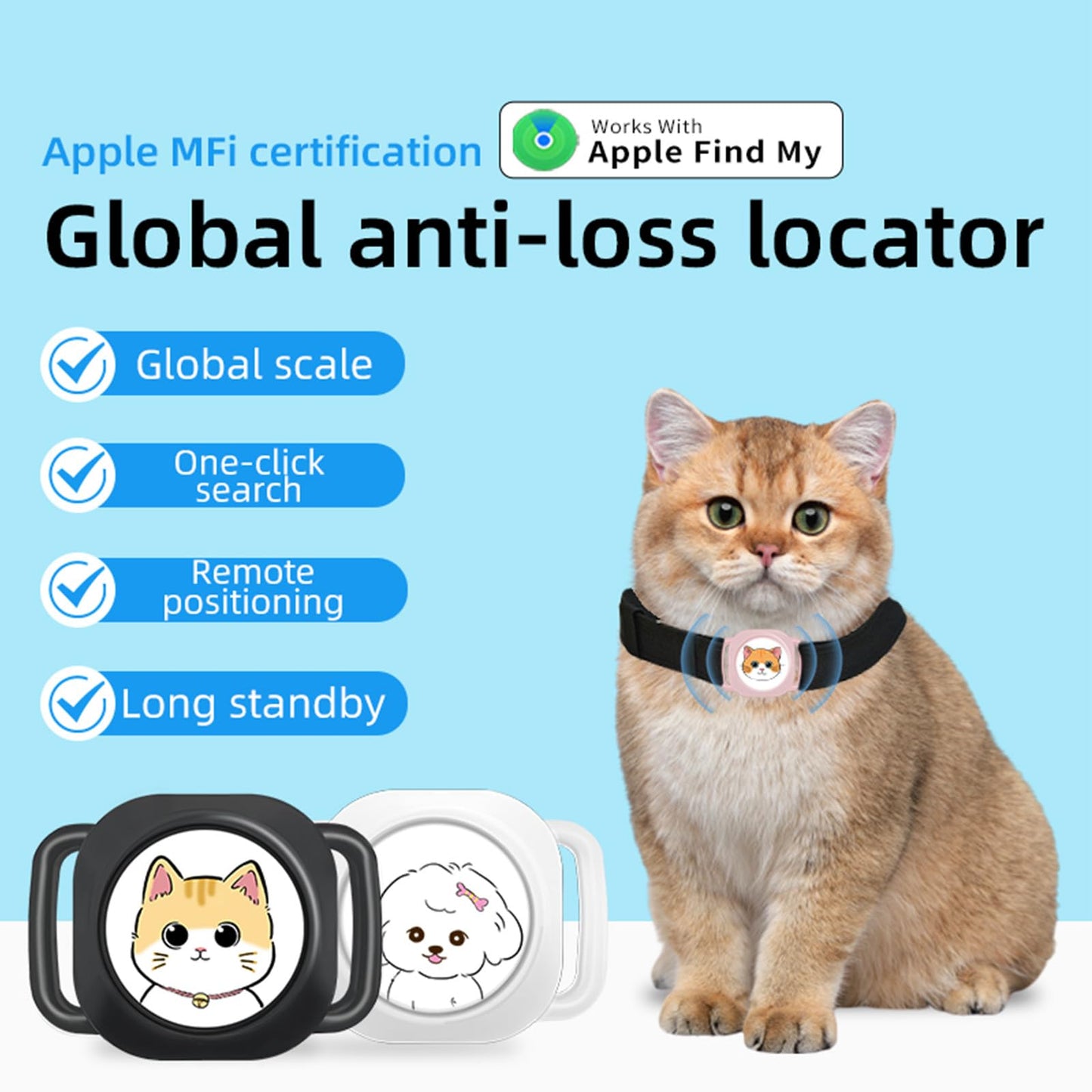 Smart Pet Tracker with Collar Holder – Lightweight 10g Pet Location Tracker for Dogs and Cats, Long Battery Life, No Monthly Fee, Bluetooth & Find My Compatibility, Waterproof, Safe & Durable (Black)