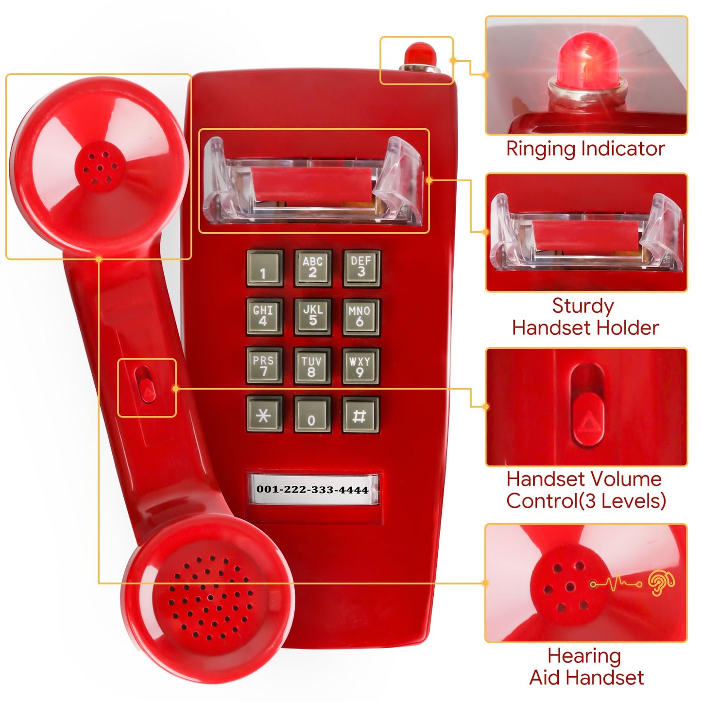 Retro Wall Phones for Landline with Mechanical Ringing Classic Corded Wall Mounted Telephone with Indicator Waterproof Old Style Phone for Home Hotel and Office