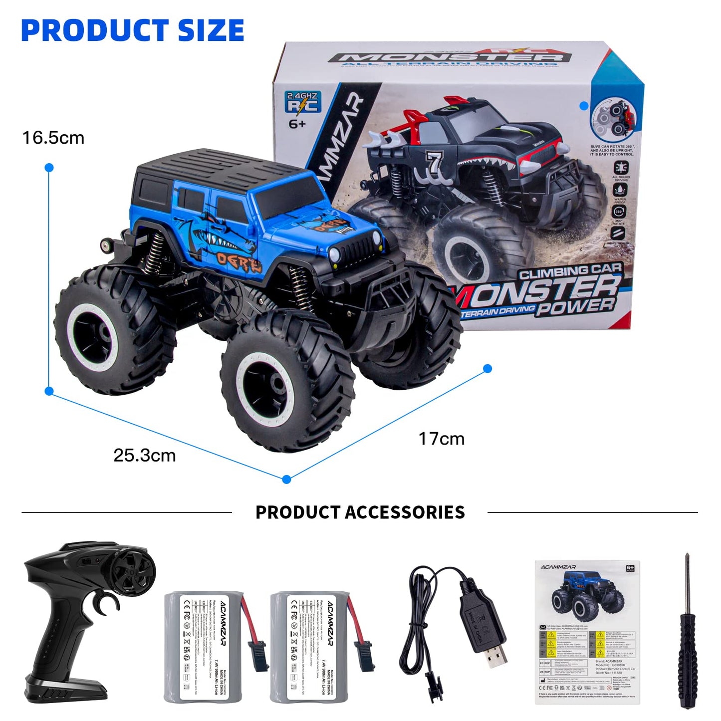 ACAMMZAR 1:16 Amphibious RC Monster Truck, Remote Control Cars for Kids, IPX7 Waterproof 2.4GHz 4WD 360° Rotation, Double Sided RC Car for Boys Girls Gifts, Blue