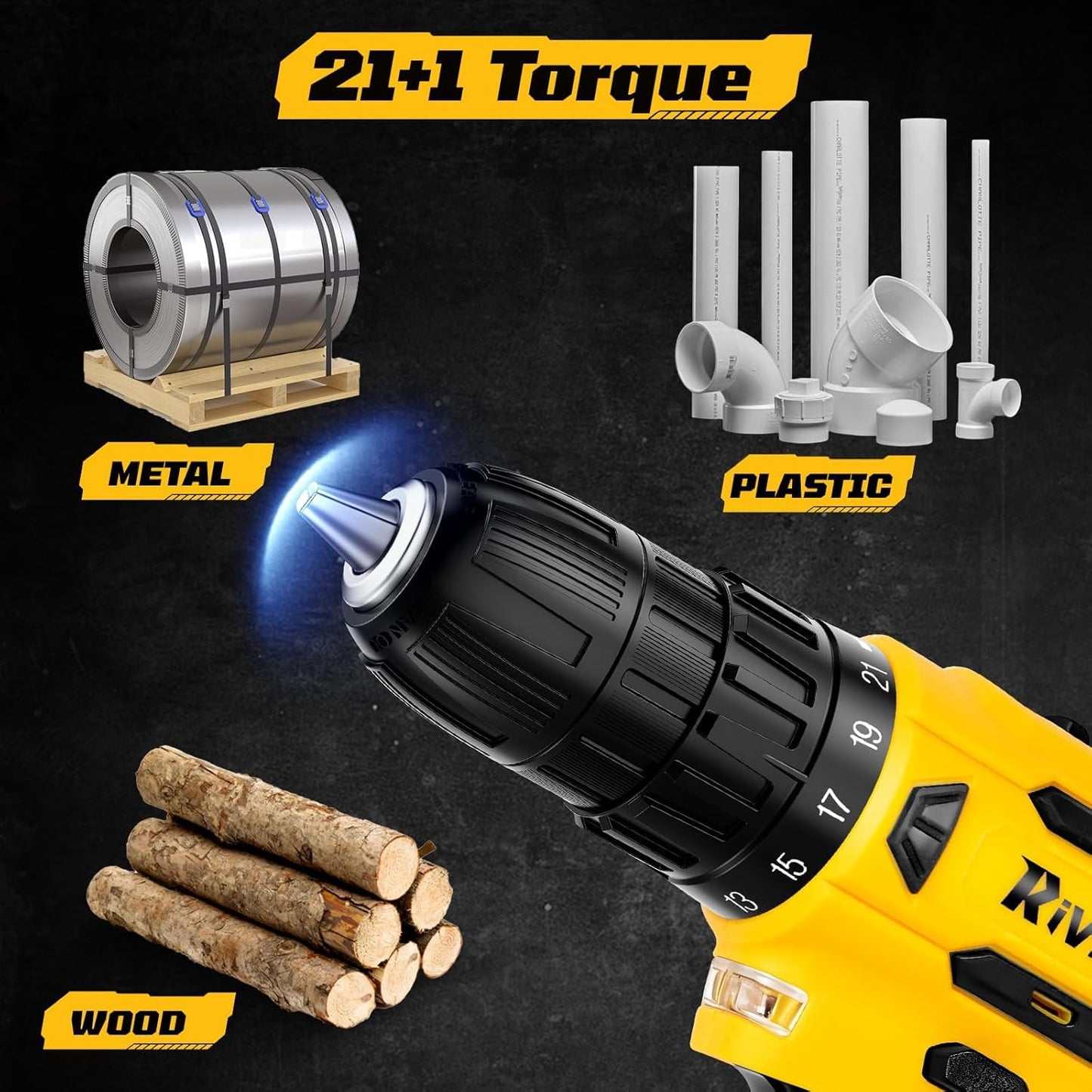 20V Cordless Drill Set, 21+1Torque, Electric Power Drill Cordless, Electric Screwdriver with 1300mAh Battery and 2A Charger, 23pcs Drill Bit Set with LED Light for DIY Projects, Yellow