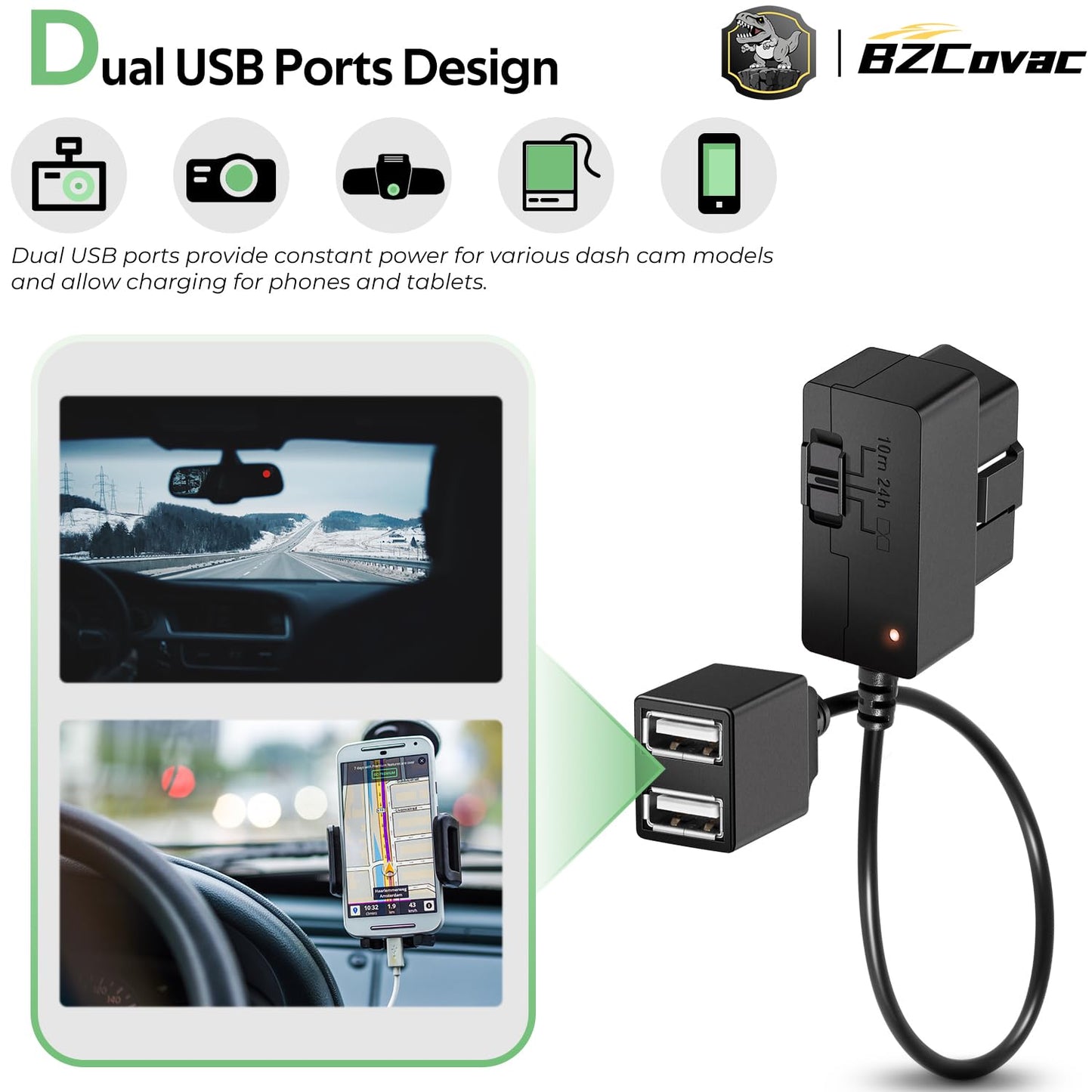Constant Power Cable for Garmin Dash Cam, OBD-II Port Adapter with Dual USB for Car Charging, Supports Multiple Parking Modes