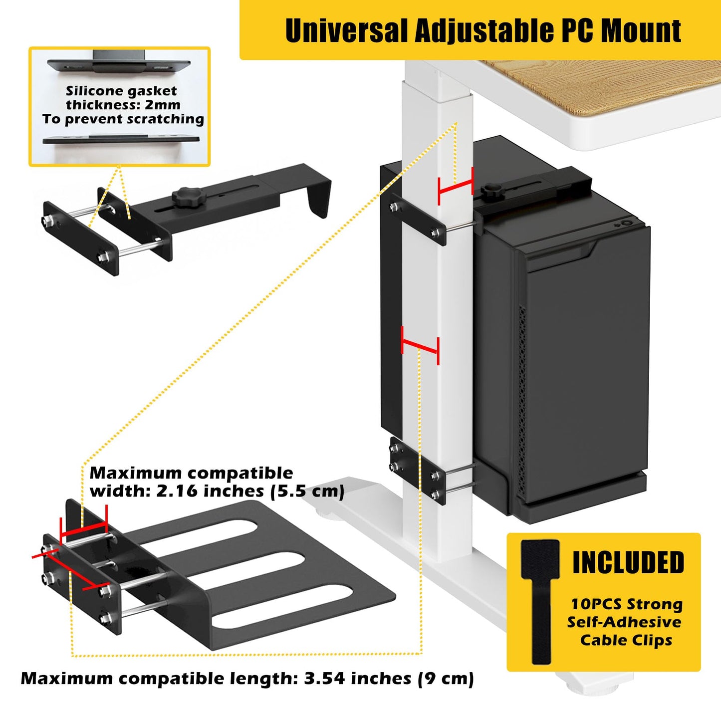Under Desk PC Mount for Standing Desk, Universal Clamp-On PC Desk Mount with 10PCS Adhesive Cable Clip, No Drilling Heavy Duty Adjustable Computer Case CPU Holder Fits Most Towers, Holds Up to 44Lbs