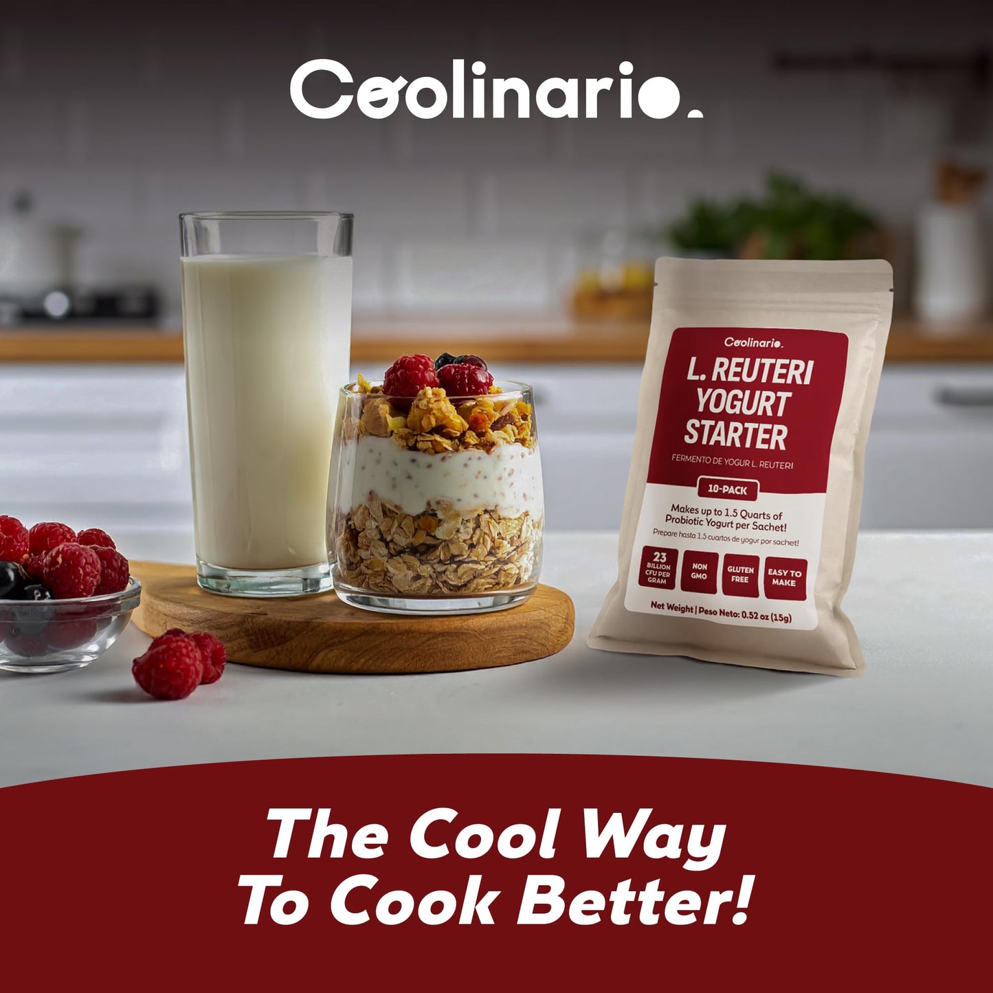 Coolinario L Reuteri Yogurt Starter (10-Pack, 1.5g Sachets) Live Cultures with Probiotics | Creamy & Delicious | Regular or Greek Yogurt | Non-GMO, No Preservatives, Gluten Free