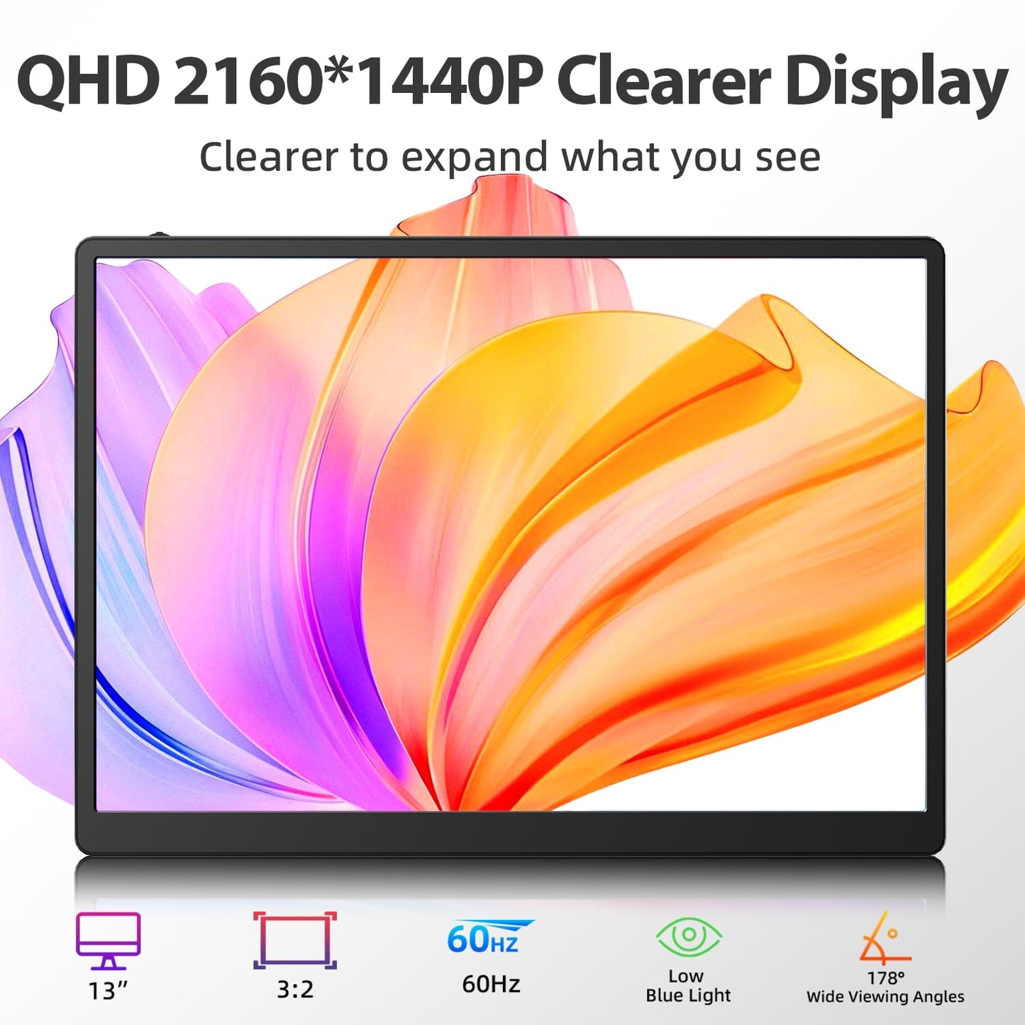 2K Laptop Monitor Extender - 13" IPS 1440P Dual Monitor Attachment Plug & Play Multiple Screens for 13"-17" Laptop Compatible with Wins Mac Dex Chrome Travel Gaming Work