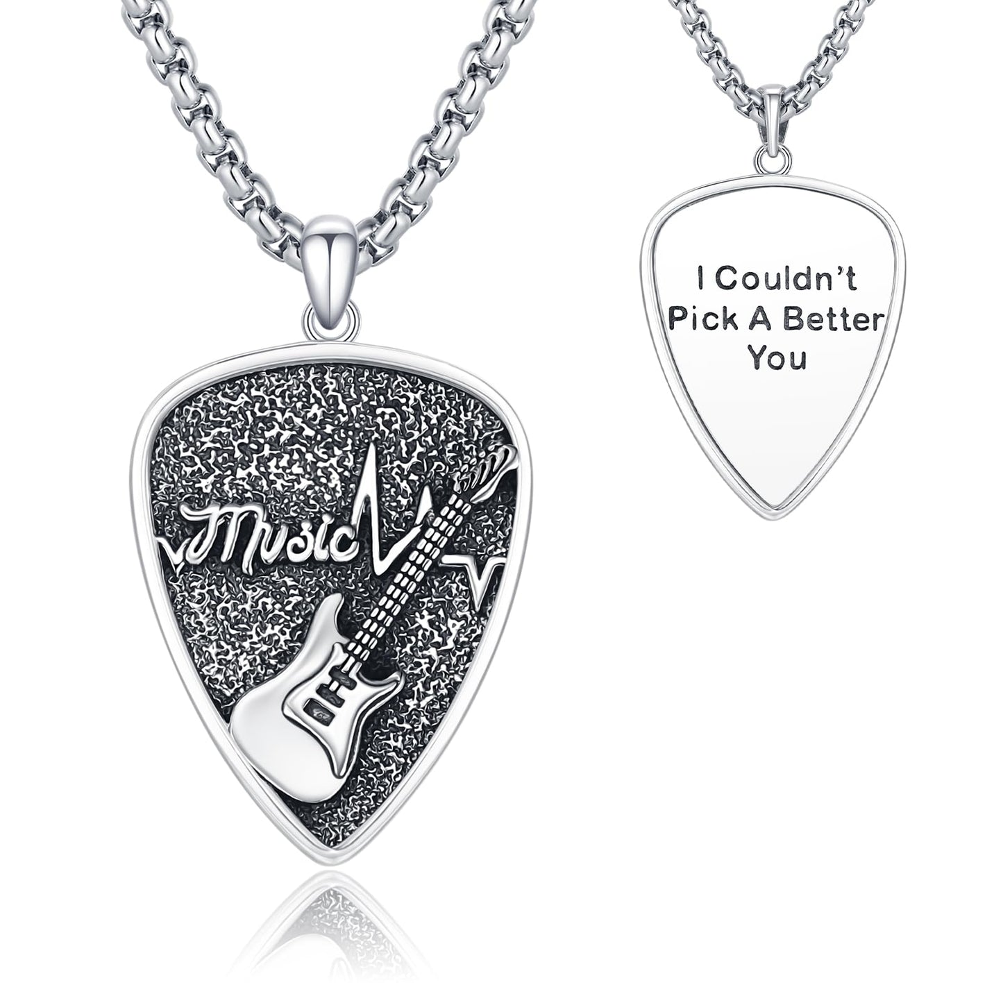 OHAYOO Guitar Pick Necklace for Men 925 Sterling Silver Guitar Pick Pendant Plectrum with Music Note Guitar Gifts for Guitar Players Music Lovers, Sterling Silver, No Gemstone, Black