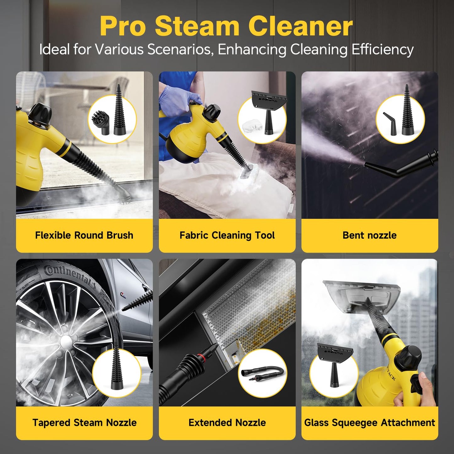 TICYACK Steam Cleaner Handheld, Steam cleaner with 16 Accessories, Hands-Free Auto Steam & Child Lock, Multi-Surface steam Cleaner for home, Kitchen, Car Detailing, Upholstery (Yellow)