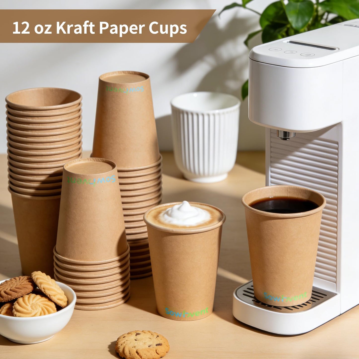 Sowinvent 12 oz Kraft Paper Cups, Disposable Hot/Cold Paper Coffee Cups, Water Cups for Party Picnic and Daily Life, Office Party Home Travel, 300 pcs