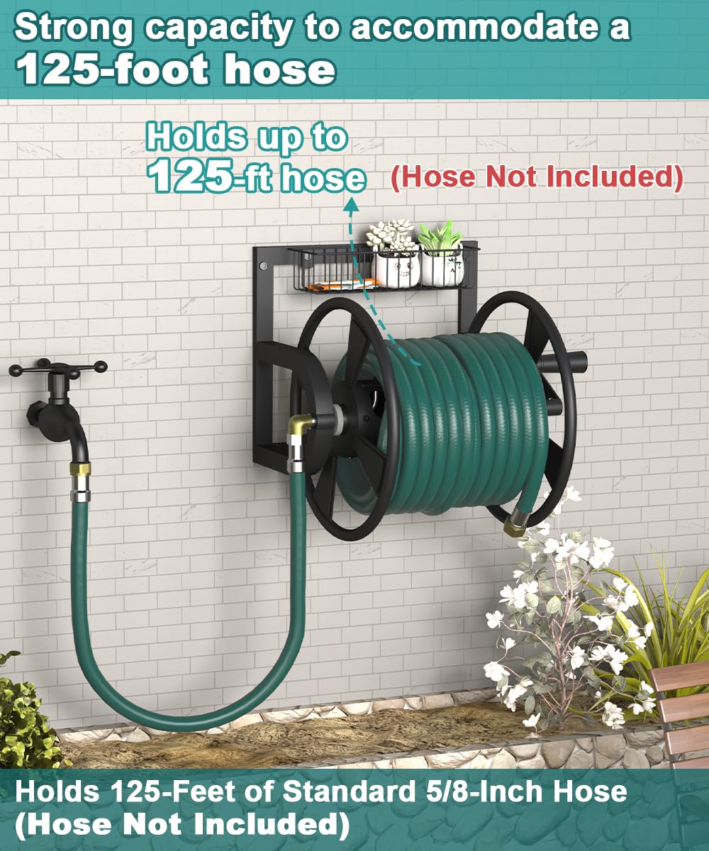 Artigarden Garden Wall Mounted Hose Reel, Outdoor Heavy-Duty Water Hose Holder Winder, Holds 125 Feet of 5/8-Inch Hose, with 3.9 ft Leader Hose, Brass Fitting and Storage Basket for Yard, Black