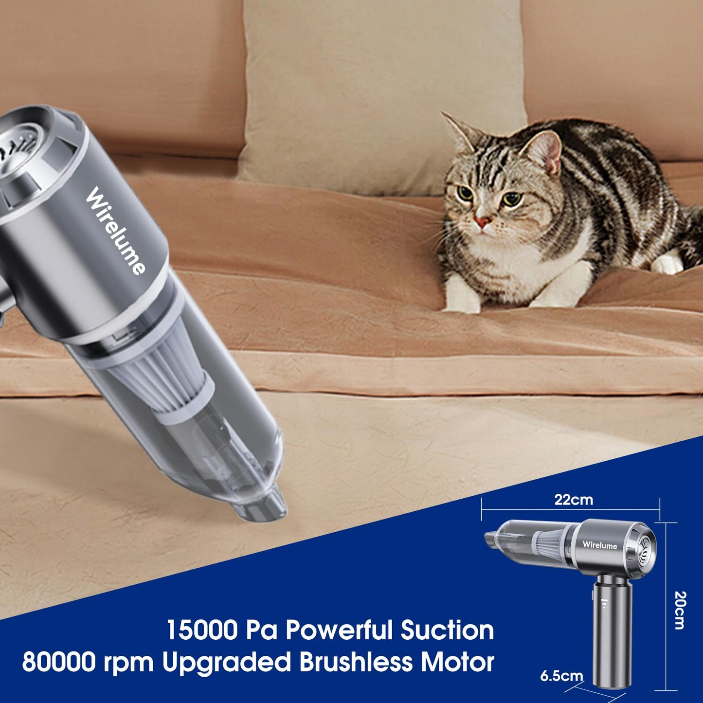 Handheld Car Vacuum Cleaner Cordless 22000Pa Strong Cyclonic Suction Blowing Brushless Motor Cordless Portable Mini Car Vacuum Powerful Rechargeable Lightweight for Pet Hair Vehicle Home Office Grey