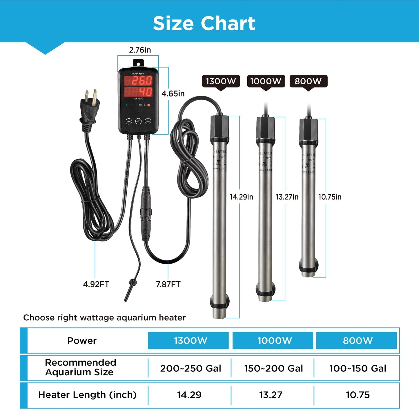Titanium Aquarium Heater 800W, Submersible Fish Tank Heater with Digital Display Temperature Controller, 0℃-40℃ Adjustable, Fast Heating for 100~150 Gal Saltwater Freshwater Fish Tank, MX-9015(800W)