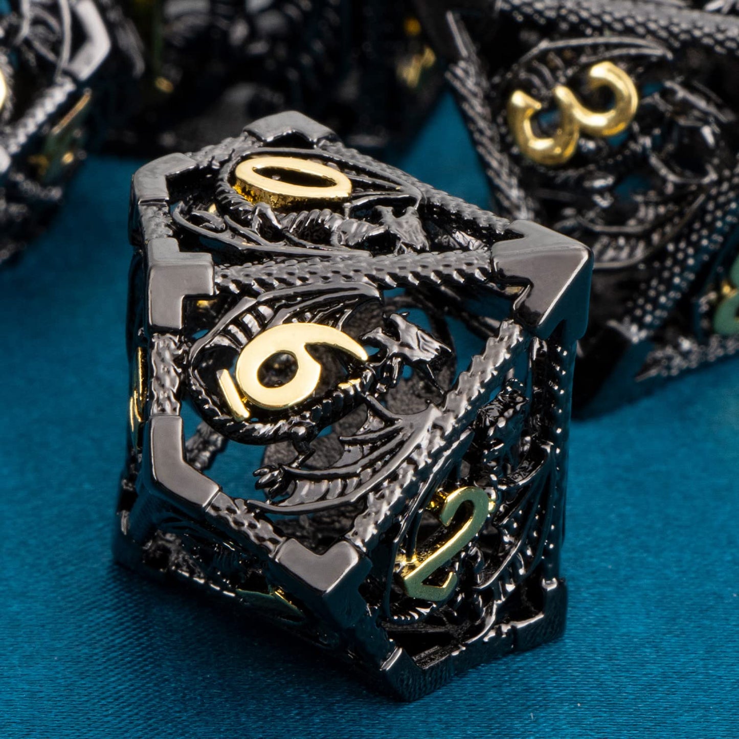 ARUOHHA Hollow Metal DND Dice Black Gold Dragons Dice Set with Gift Box, Compatible with D&D RPG Role Playing Game, Dungeons Polyhedra D and D Dice D20 D12 D10 D8 D6 D4