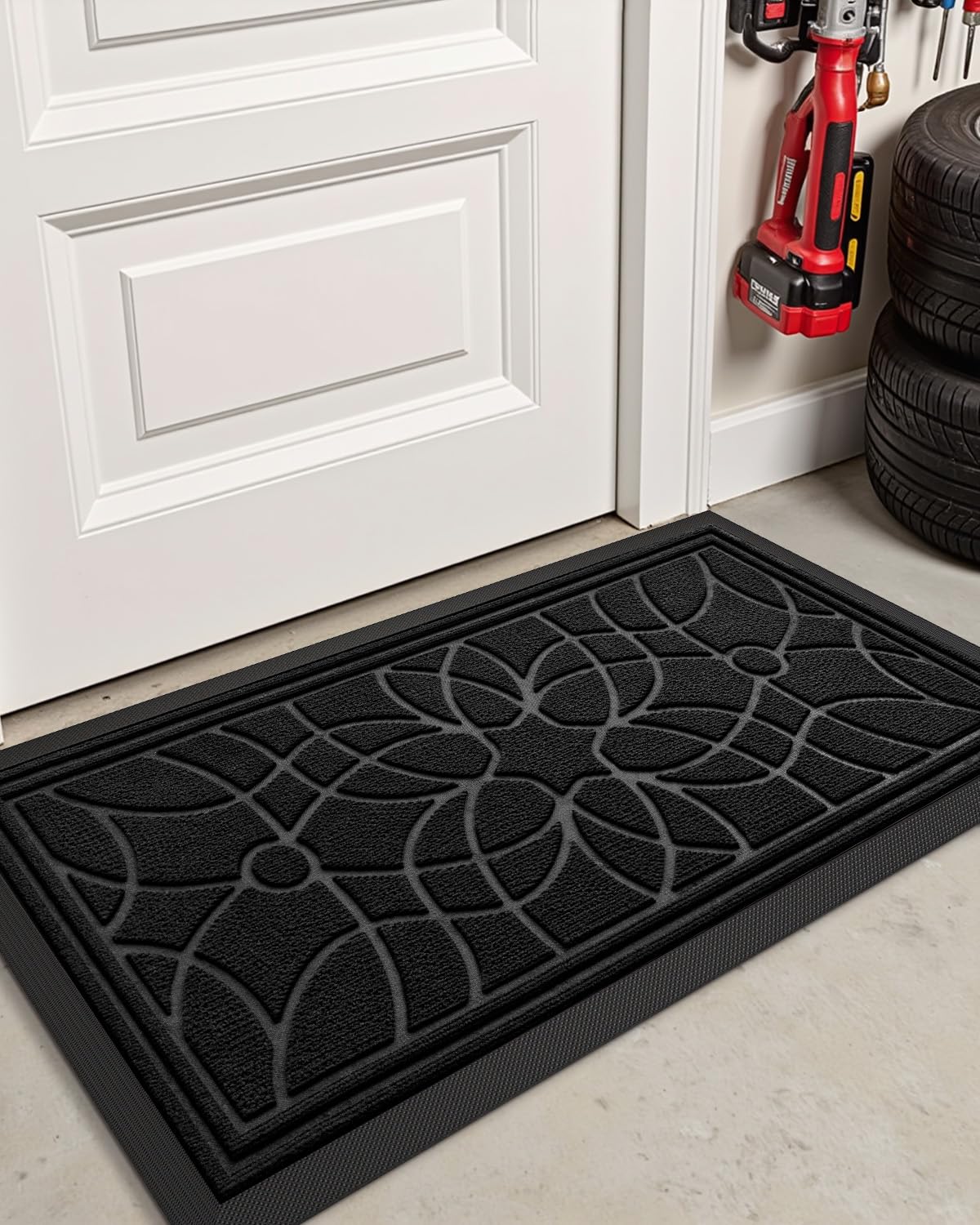 DEXI Door Mat Front Entrance, 2x4 Large Rubber Indoor Mats Waterproof Traps Dirt, Heavy Duty Non Slip Outdoor Entry Rug for Entryway Welcome, Black