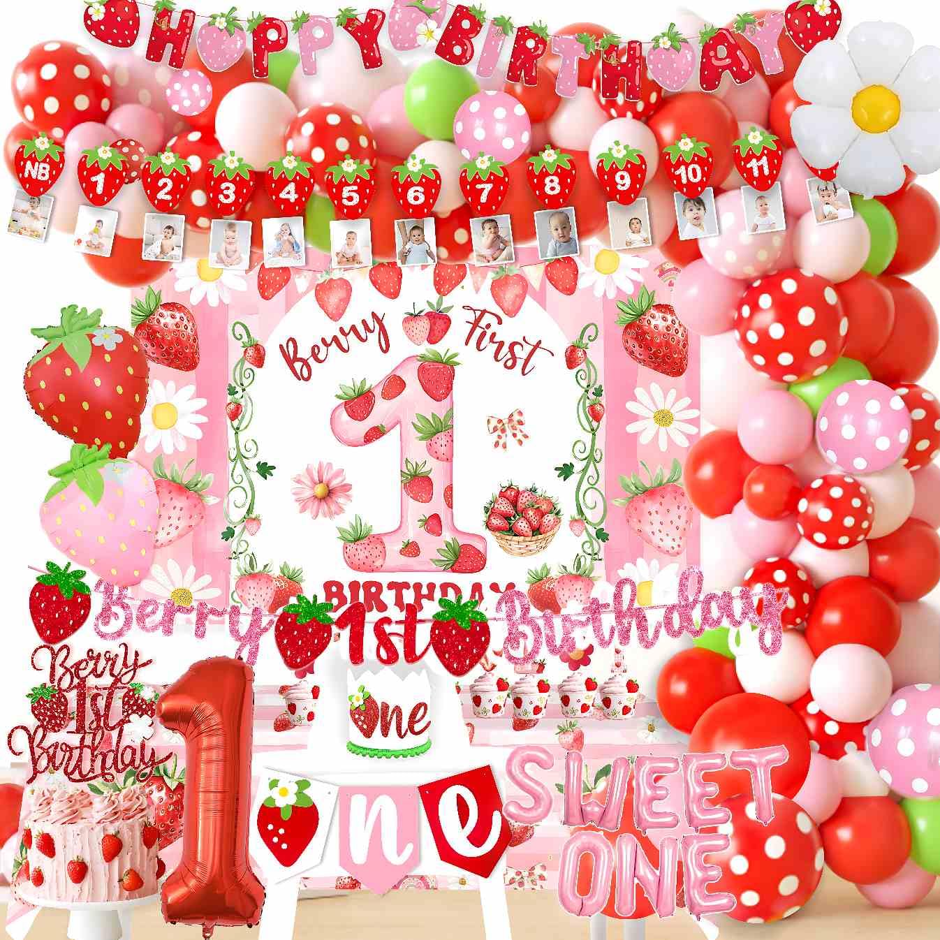 Berry First Birthday Decorations Strawberry 1st Decorations for Girls Sweet One Strawberry Decor Party Supplies include Photo Banner Highchair Banner Backdrop Tableware Set
