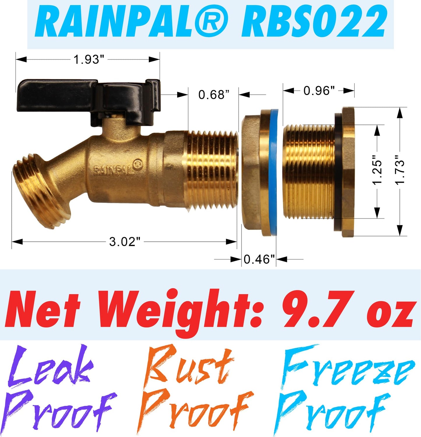 RAINPAL RBS022 Brass Rain Barrel Spigot(3/4" Quarter Turn Ball Valve w/Bulkhead Fitting and Thread Tape)