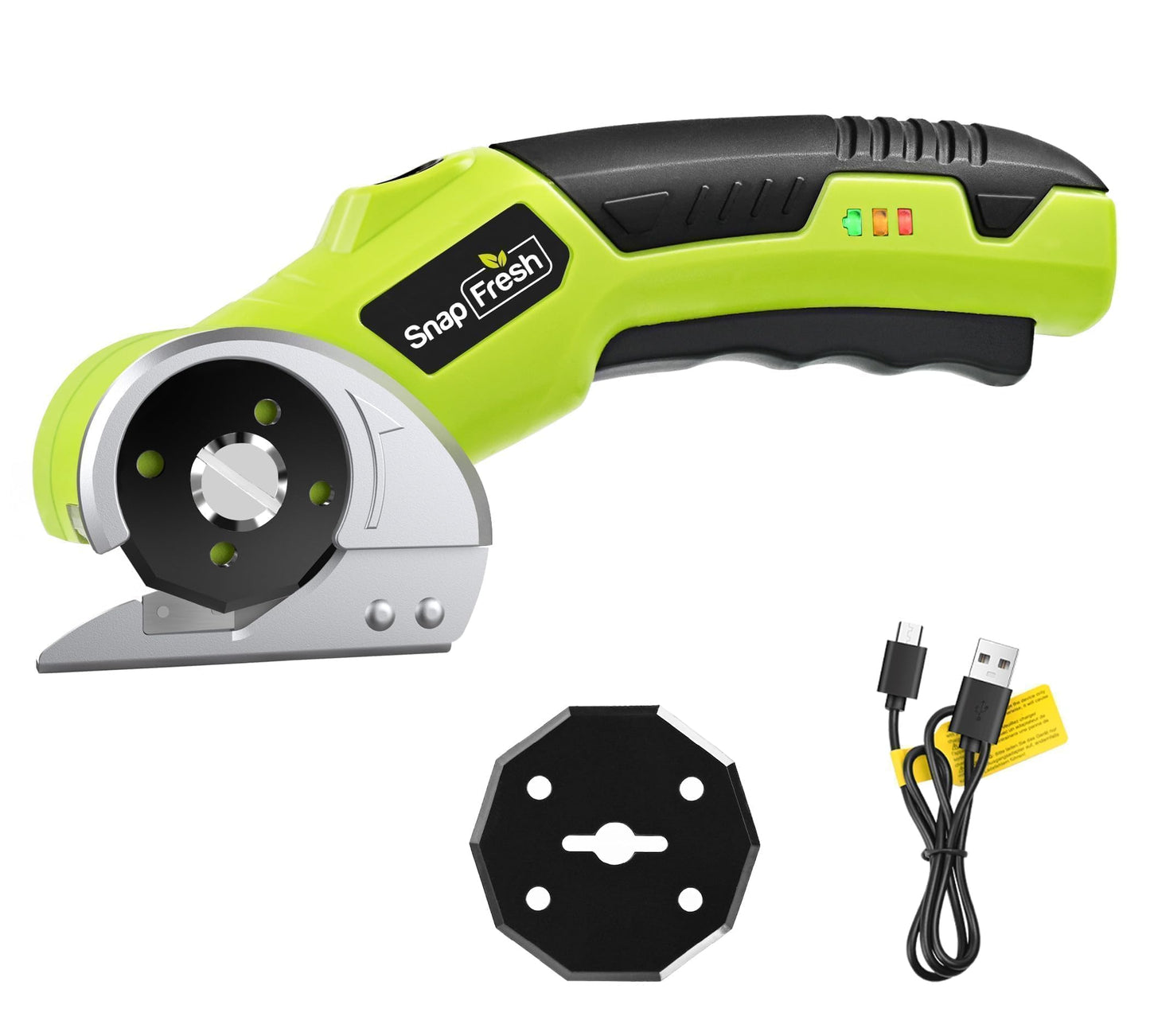 SnapFresh 4V Cordless Electric Scissors-Rechargeable Rotary Box Cutter w/ 2.0Ah Battery, 2 Self-Sharpening Blades, 285RPM,LED & Safety Lock,Carpet Cutter Tool for Cardboard, Fabric, Leather, Plastic