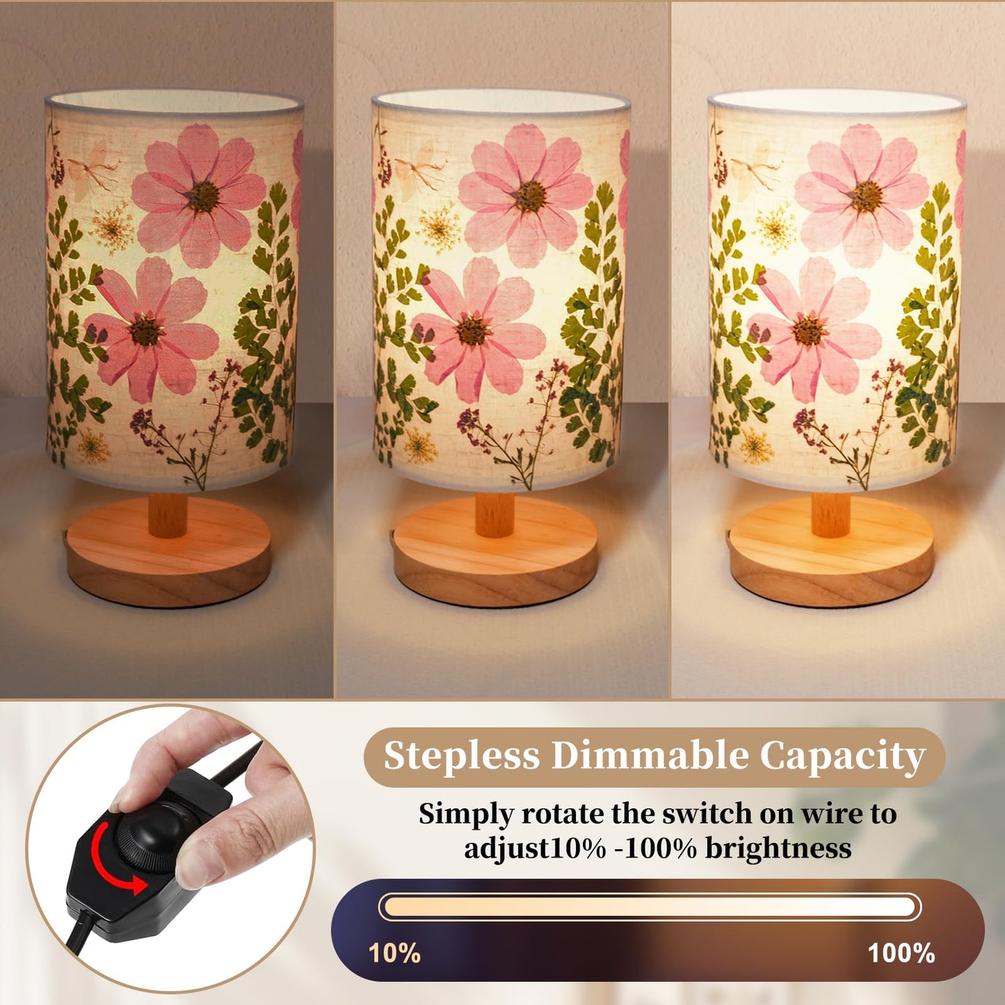 Floresita Dried Flowers Table Lamp 9W LED Dimmable Warm Light Pressed Flower Bedside Lamp Linen Shade with Wood Base for Bedroom Living Room Desk Office