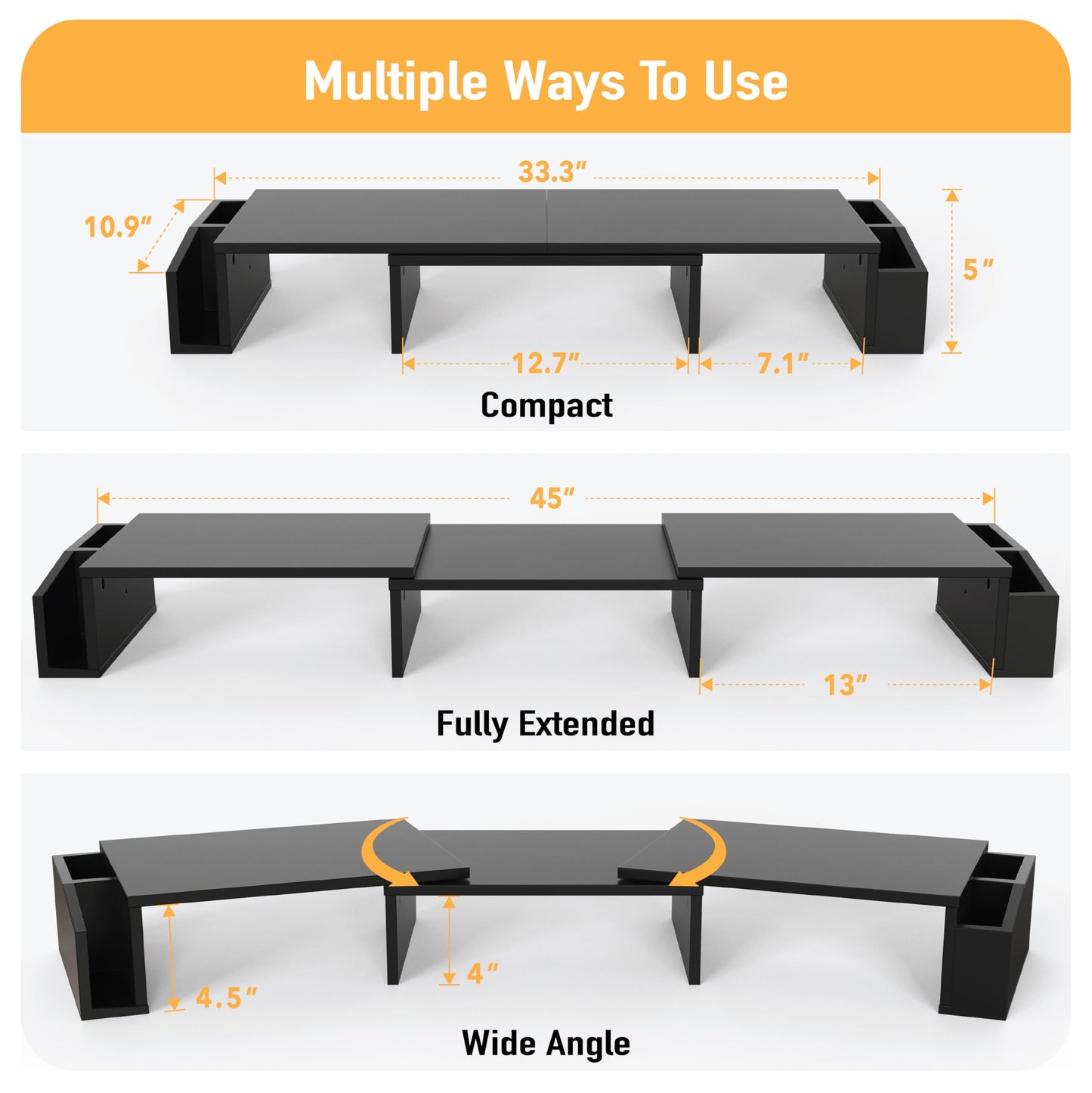 SimpleHouseware Dual Monitor Stand Riser of Adjustable Length and Angle Shelf with Holder and Drawer, Black