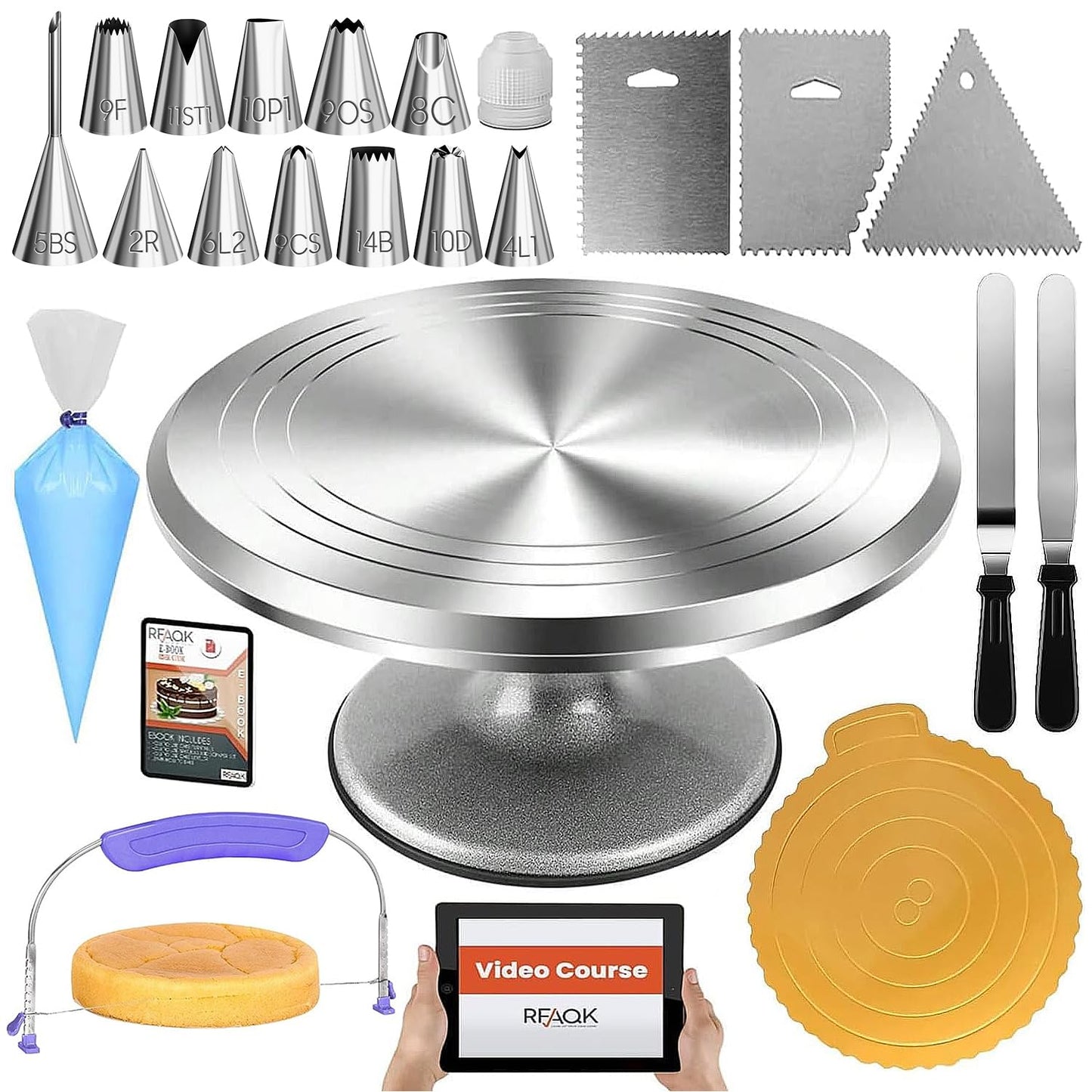 RFAQK 50PCs Cake Turntable Set -12" Aluminum Revolving Cake Stand- Professional Cake Decorating Supplies Kit with Straight & Offset Icing Spatula-Numbered Icing Tips & Bags- Cake Leveler
