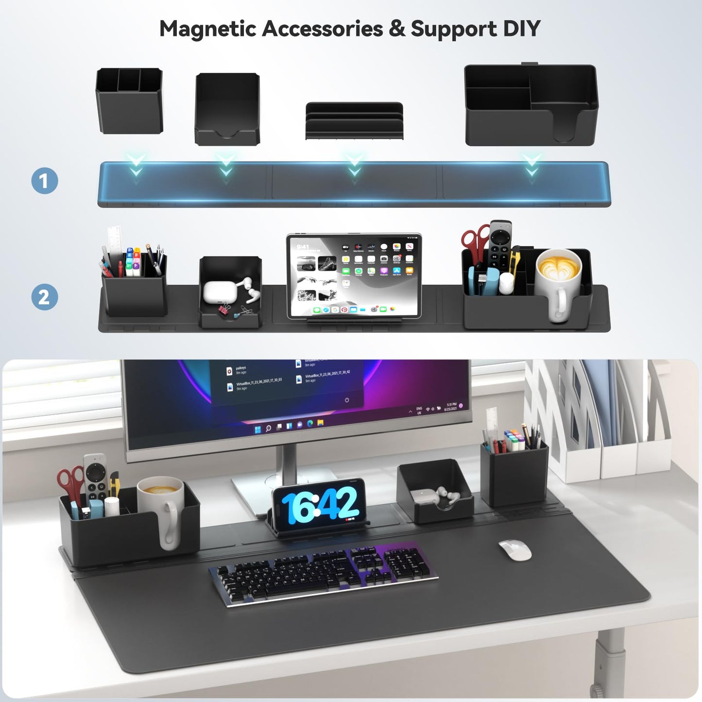 KDD Magnetic Desk Organizer Set with Large Desk Pad, Modular Desktop Storage System with Phone Stand, Pen Holder, Cup Holder & Card Organizer, DIY Workspace Accessories for Office Home