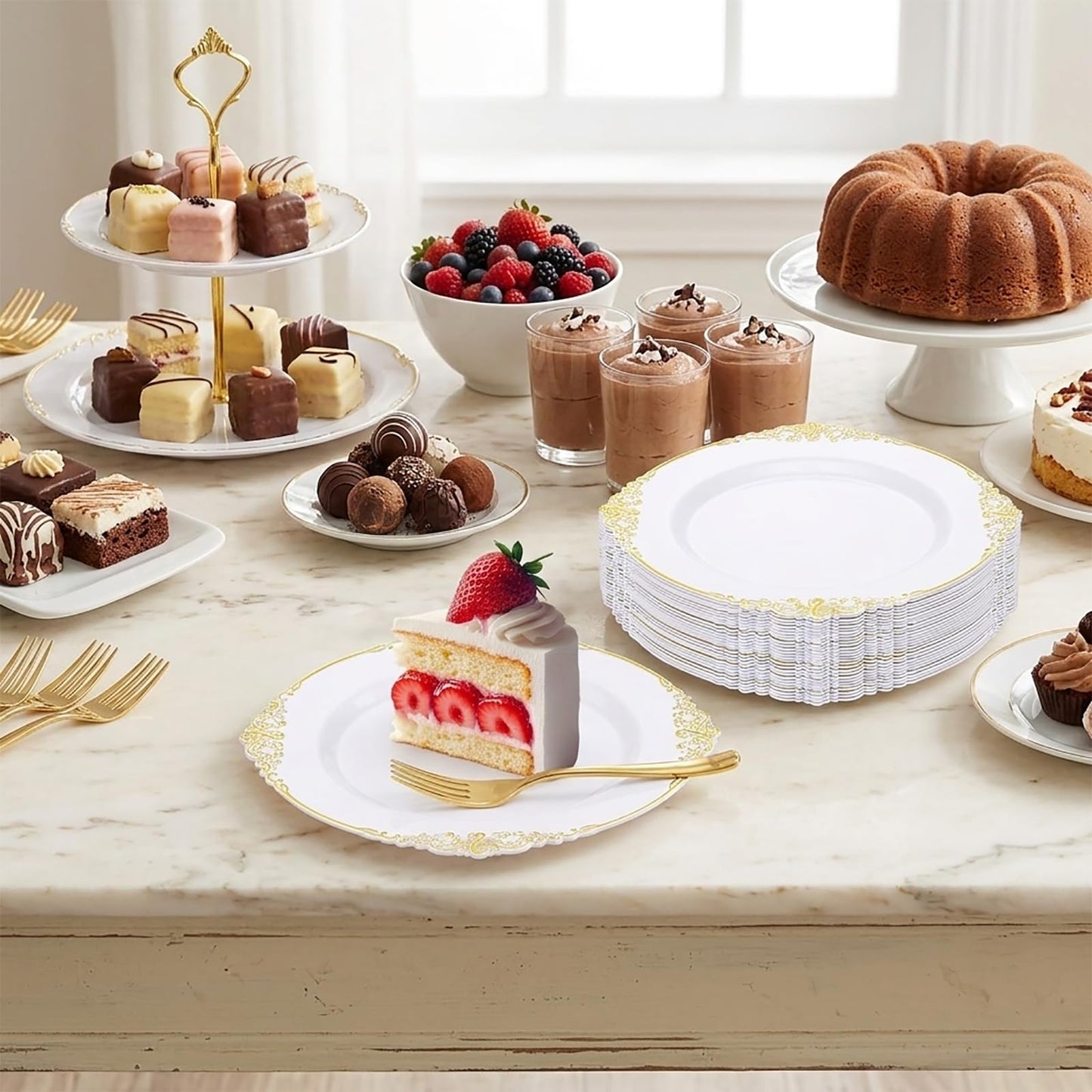 100 Pcs White Plastic Plates with Gold Rims, 7.5" Round Plastic Dessert Plates, Elegant Salad Plates for Cakes, Appetizers, Desserts, Snacks, Fruits, Gathering Supplies