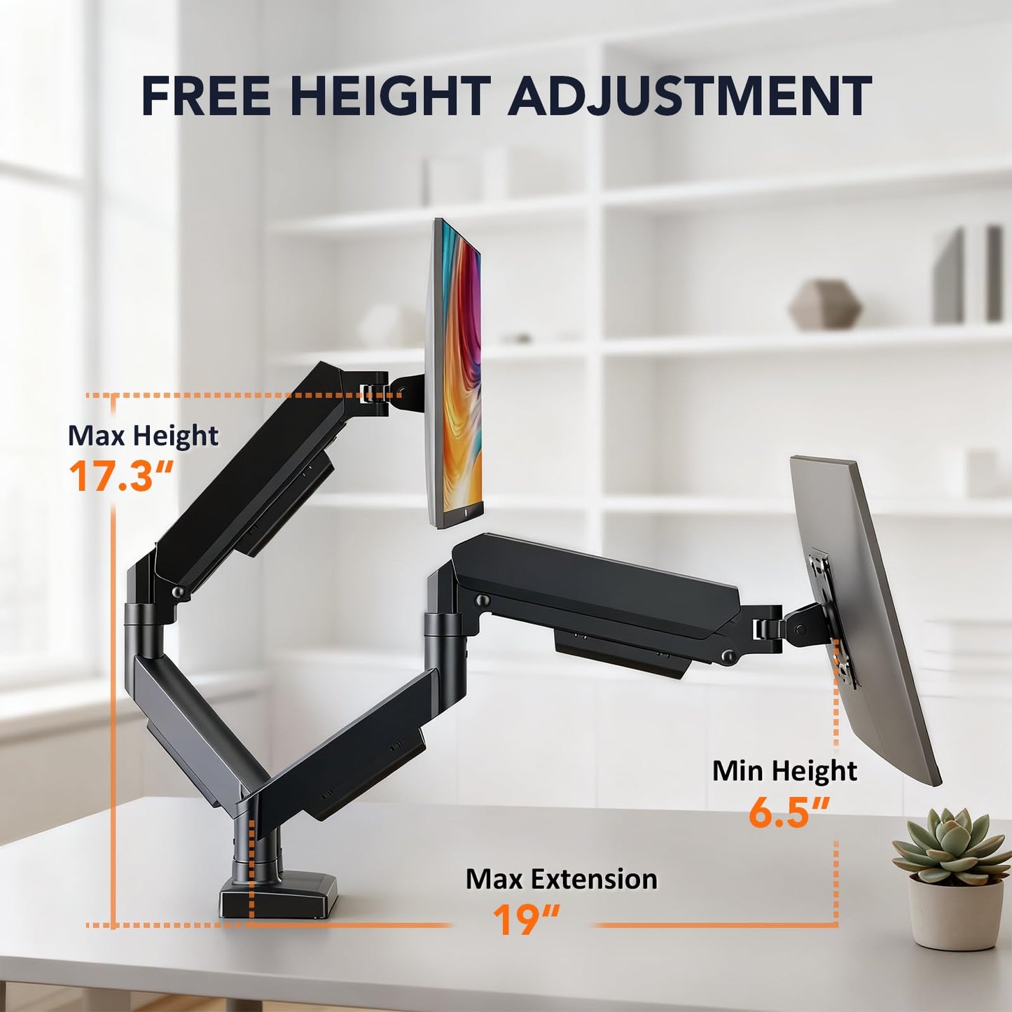 Hemudu Dual Monitor Arm Full Motion Adjustable Monitor Mount Desk Stand for 17″–32″ Computer Screens, VESA 75x75/100x100 with C-Clamp&Grommet Aluminum Base, Each Arm Holds 4.4 to 20lbs HD09B-201