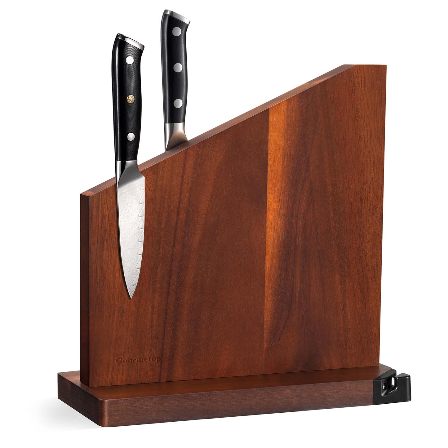 Gourmetop Magnetic Knife Block, Magnetic Knife Holder with Built-in Sharpener, 100% Acacia Wood Magnetic Knife Block Without Knives, Double-Sided Magnetic Knife Holder for Countertop, Dark Wood