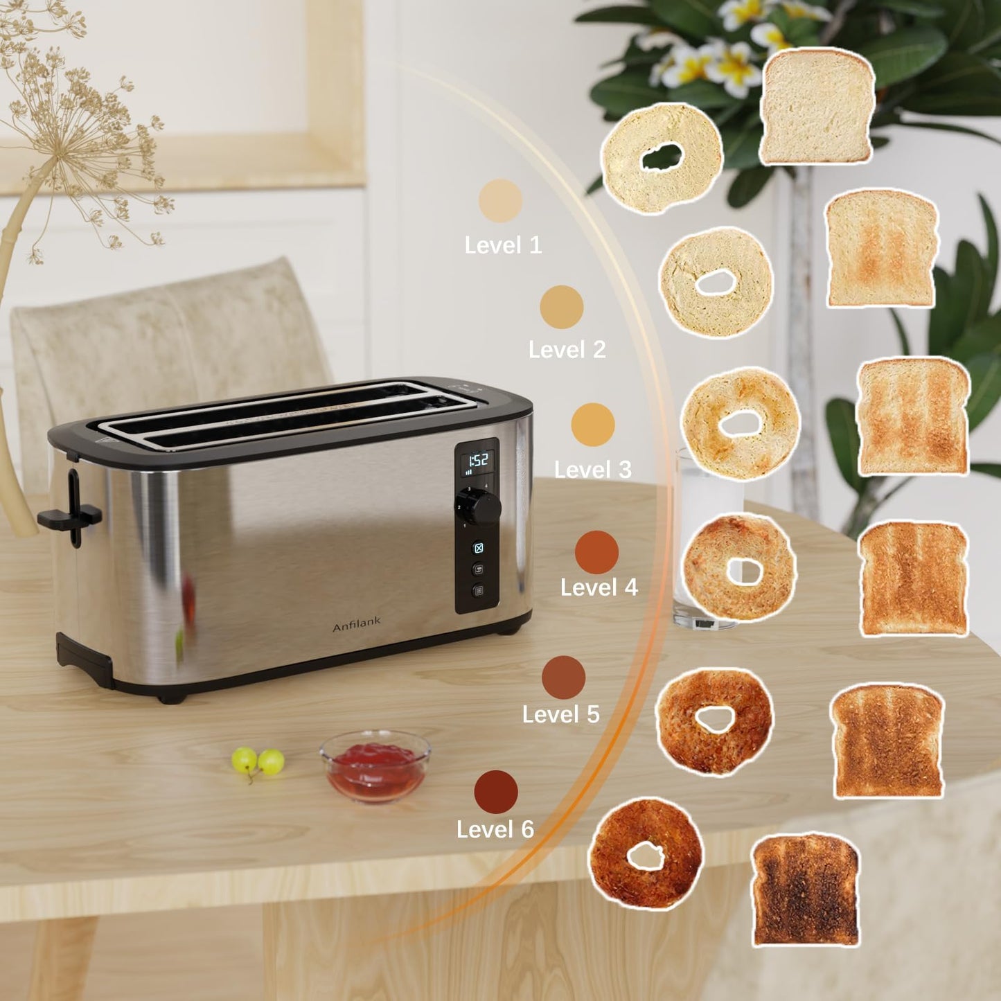 Anfilank Long Slot 4 Slice Toaster, Countdown Timer, 6 Browning Settings, Cancel/Bagel/Defrost Functions, Built-in Warming Rack, Removable Crumb Tray, Extra-Wide Long Slots - Stainless Steel