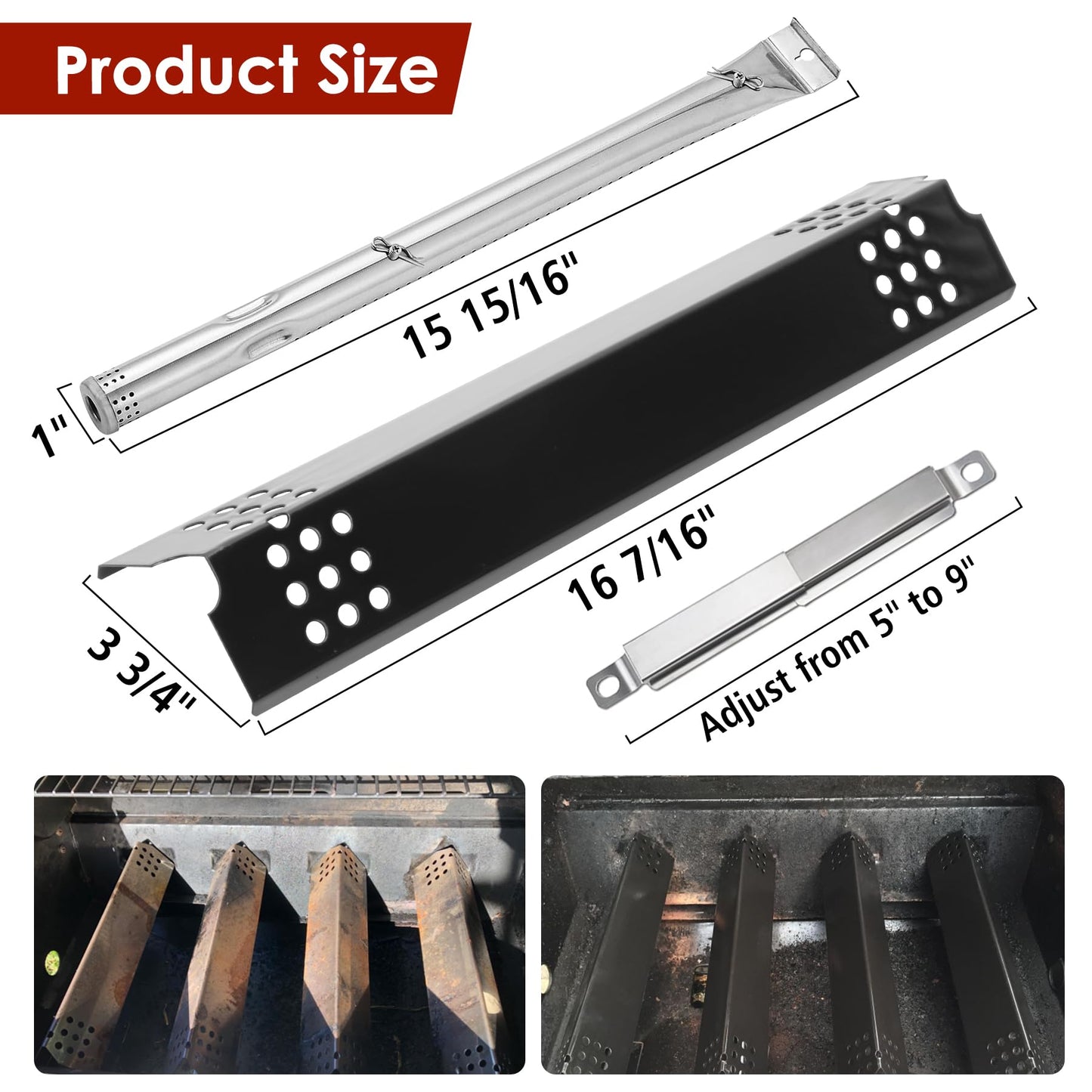 KEESHA Grill Replacement Parts Kit with Porcelain Steel Heat Shield, Stainless Steel Grill Burner Tube, Adjustable Carryover Tube For Charbroil and Master Chef 85-3044-6/85-3045-4/E480/E500 Gas Grills