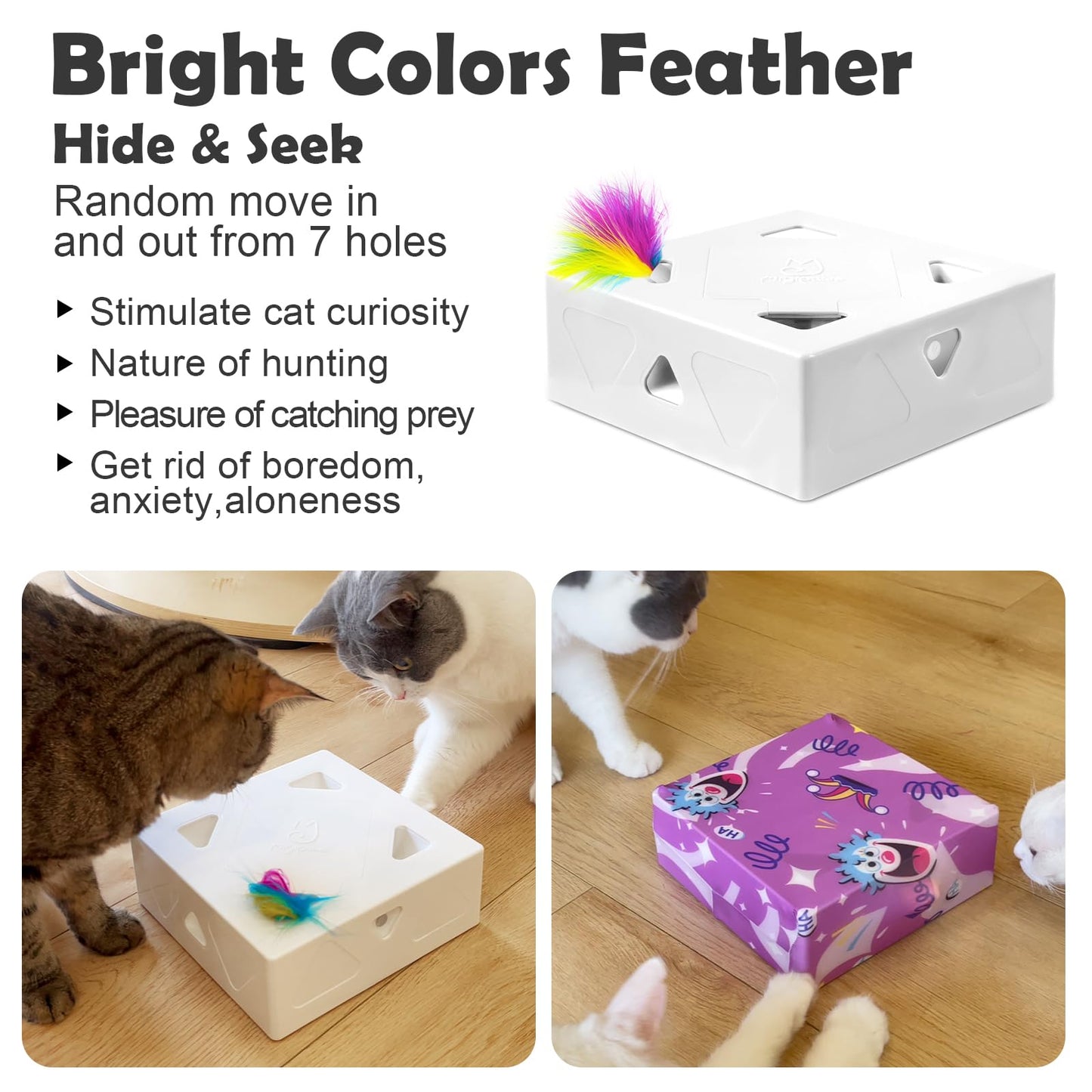 Migipaws Interactive White Cat Toy with Purple Cloth Bag, AI-Powered Mice Chase Game, Smart Sensor, Rechargeable, Durable, and DIY Ball Fun for Cats - 7 Holes, Cartoon Design