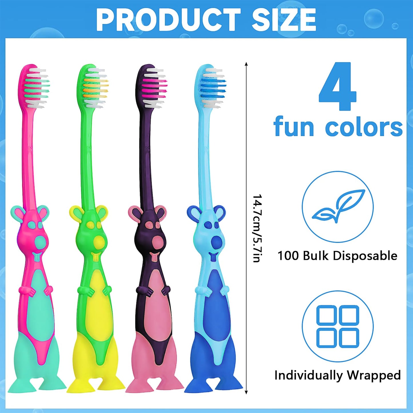 100 Pcs Kids Toothbrushes Bulk Cute Kangaroo Children's Toothbrush with Covers and Suction Cup, Individually Wrapped Soft Bristles Manual Baby Toothbrushes for School Daycare Travel Oral Hygiene