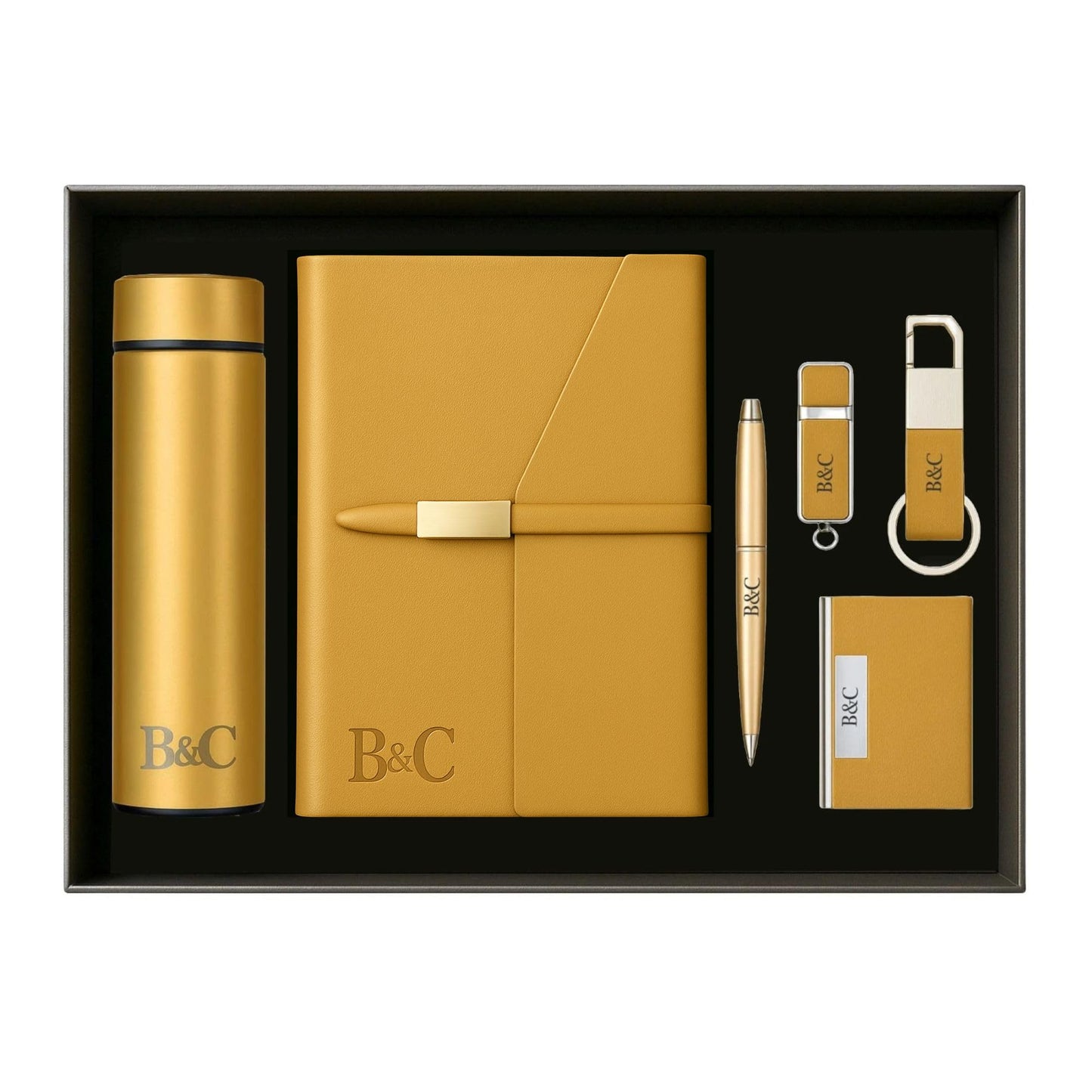 Brindle & Craft 6-Piece Executive Office Gift Set – Gold Desk Accessories with Refillable A5 Vegan Leather Notebook, Insulated Stainless Steel Tumbler, Metal Pen, 16GB USB, Card Holder & Keychain – Professional Corporate Box