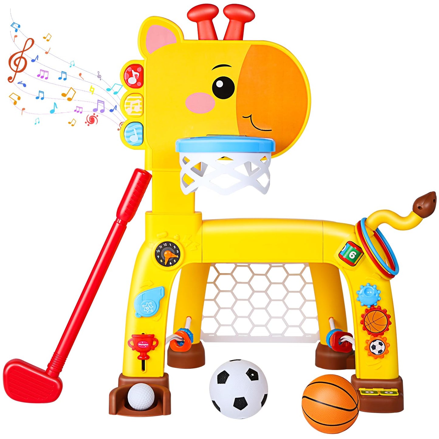 4-in-1 Toddler Basketball Hoop, Soccer Goal, Golf Toy & Ring Toss Game with Lights and Music, Kids Sports Activity Center Gifts for Boys and Girls Ages 1-3