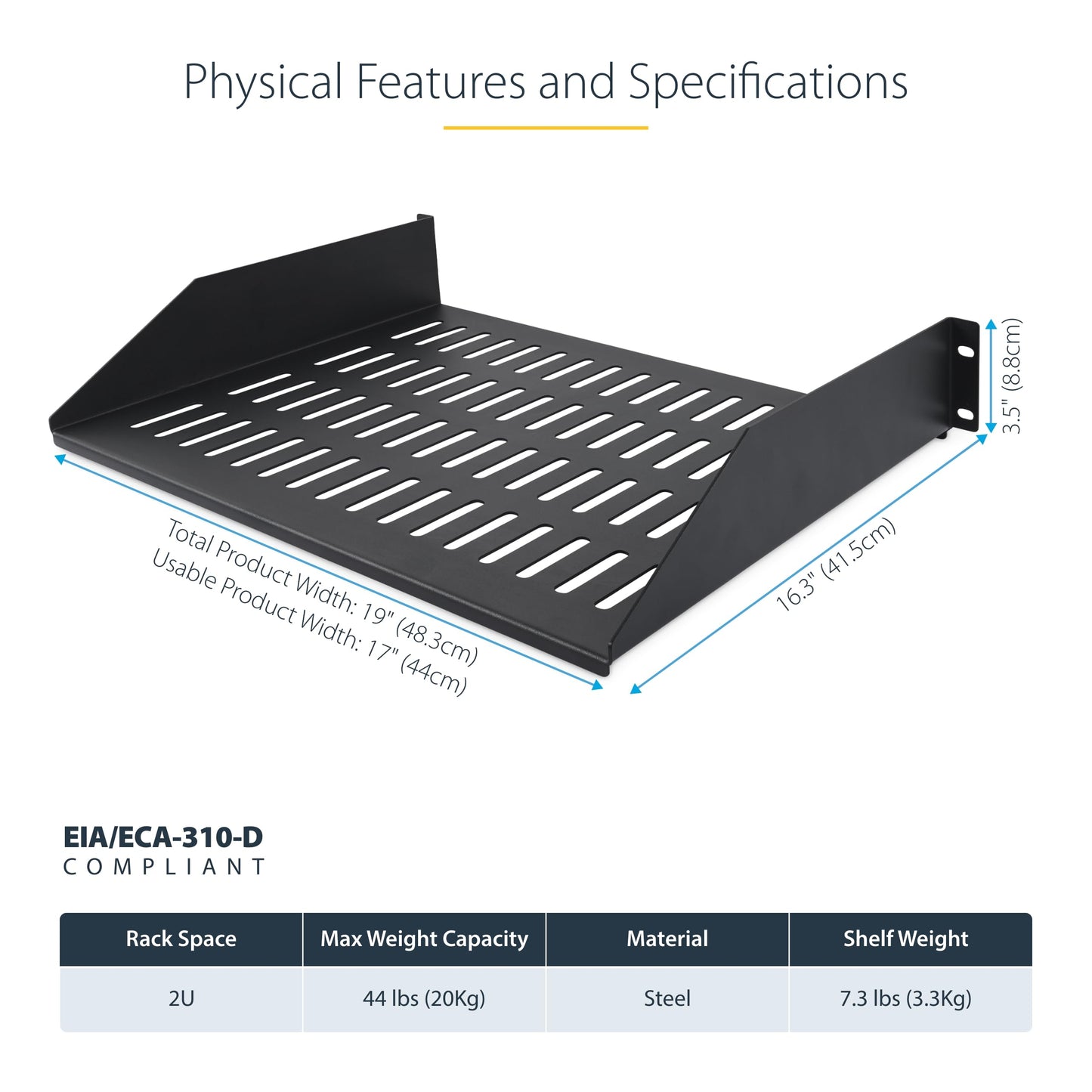 StarTech.com 2U Vented Server Rack Shelf, 16in/41.5cm Mounting Depth, for 19" Rack/Cabinet, SPCC Steel, Max 44lb/20kg