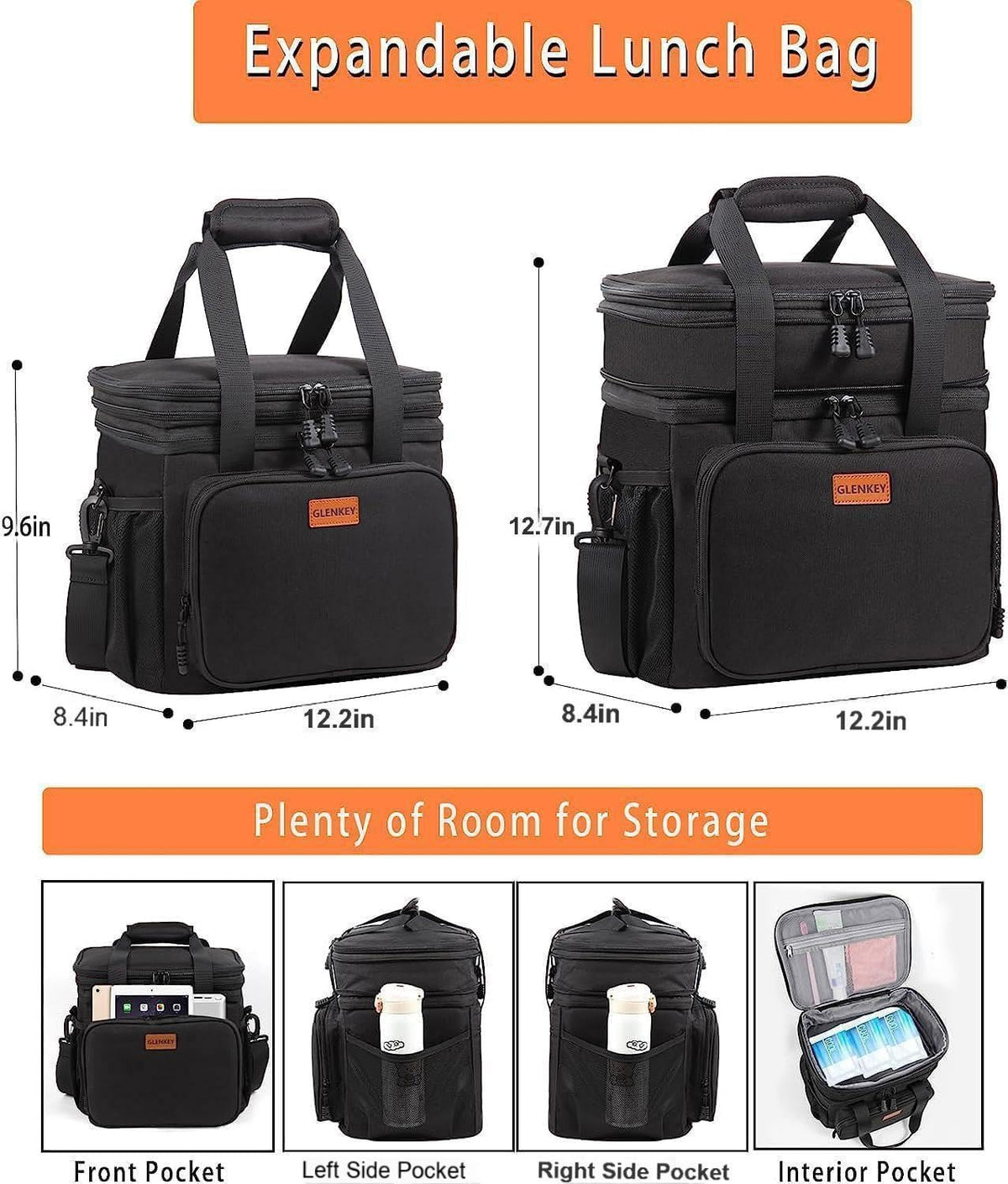 Expandable XLarge Lunch Box, Insulated Heavy Duty Lunch Bag Waterproof Leakproof Durable Cooler Bag for Men Women Adults Work Construction Camping Trip, 22L, Black, GLENKEY