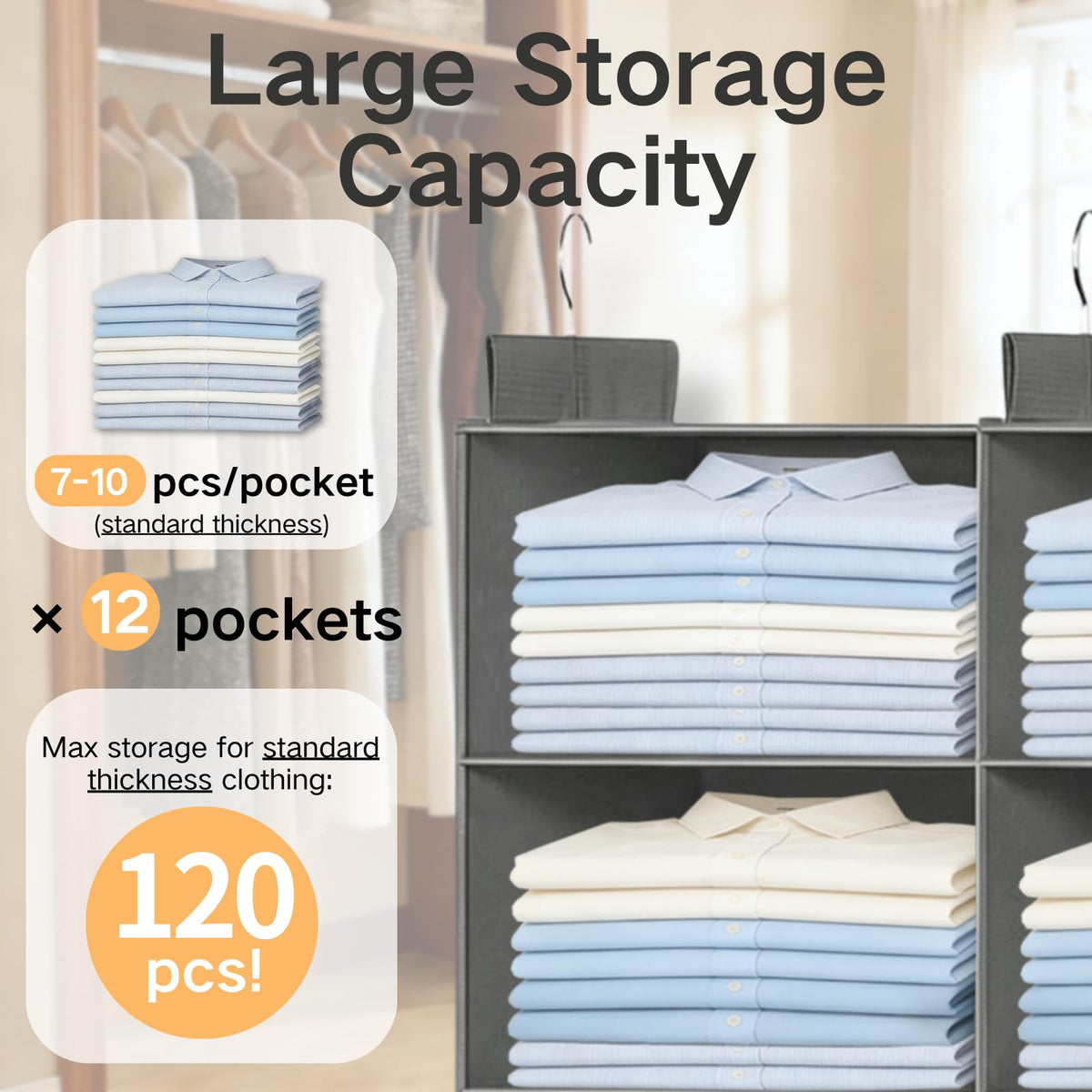 ALLTIDYUP Dual-Row Hanging Closet Organizer – Foldable Clothes Storage Shelves with 3 Hooks, Space-Saving Wardrobe Organizer for Dorm Rooms, Bedroom or Closet (Grey, 6 Tier)