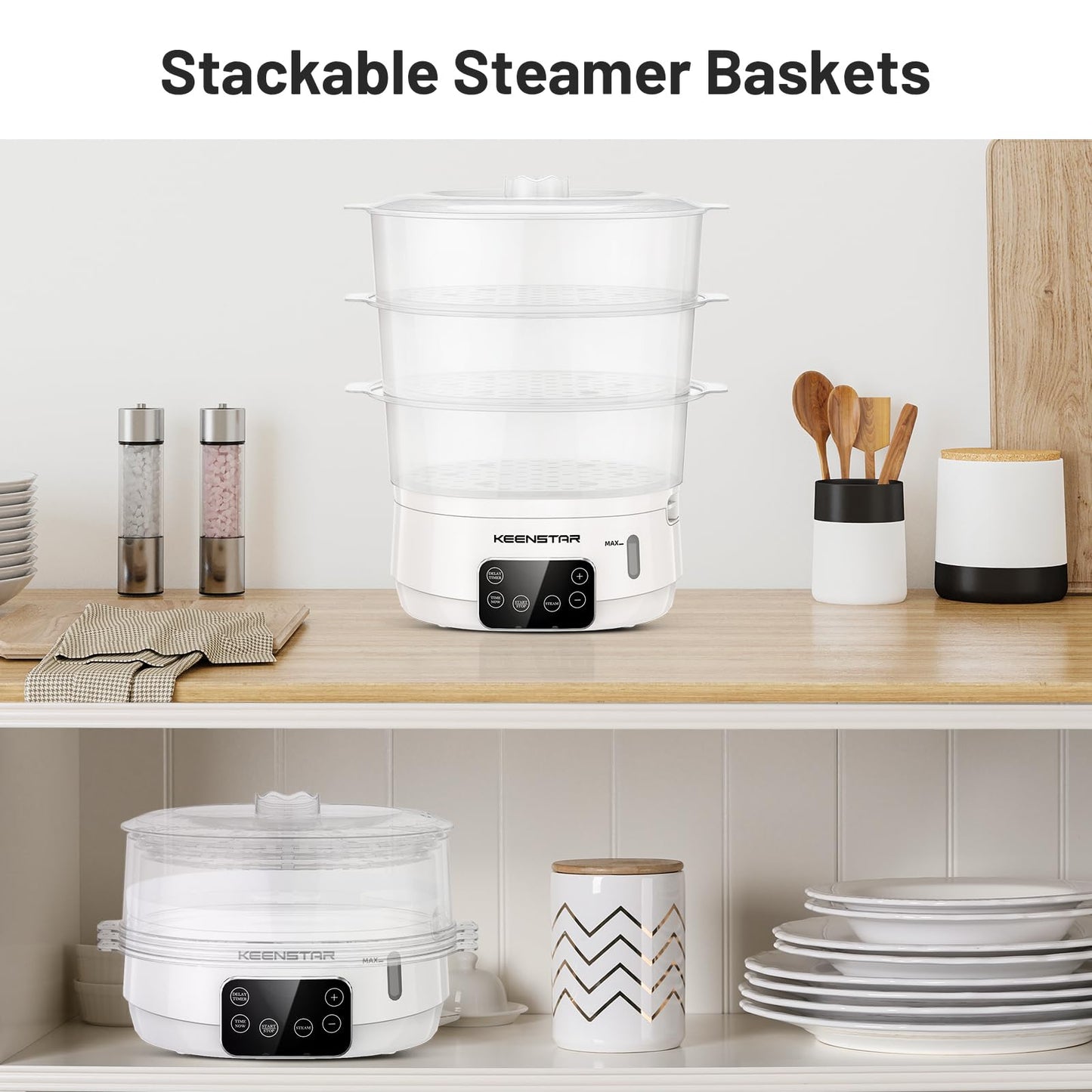 Electric Food Steamer, 13.7QT Vegetable Steamer with 3 Tiers BPA-Free Baskets, Digital Steamer with Appointment and Timer, 800W Simultaneous Cooking, Ideal for Veggies Seafood Rice White