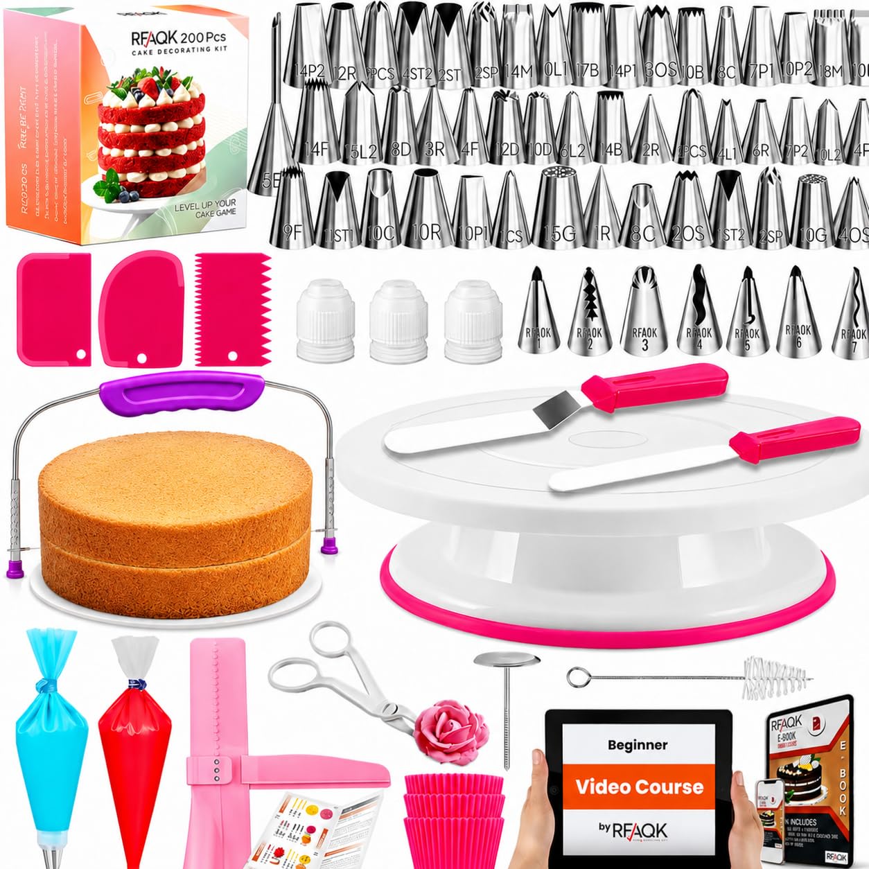 RFAQK 200 PCs Cake Decorating Kit with Cake Turntable-48 Numbered Easy to use Icing Tips-7 Korean Tips with Booklet & E.Book-Straight & Offset Spatula-Cake Leveler & Other Baking Supplies