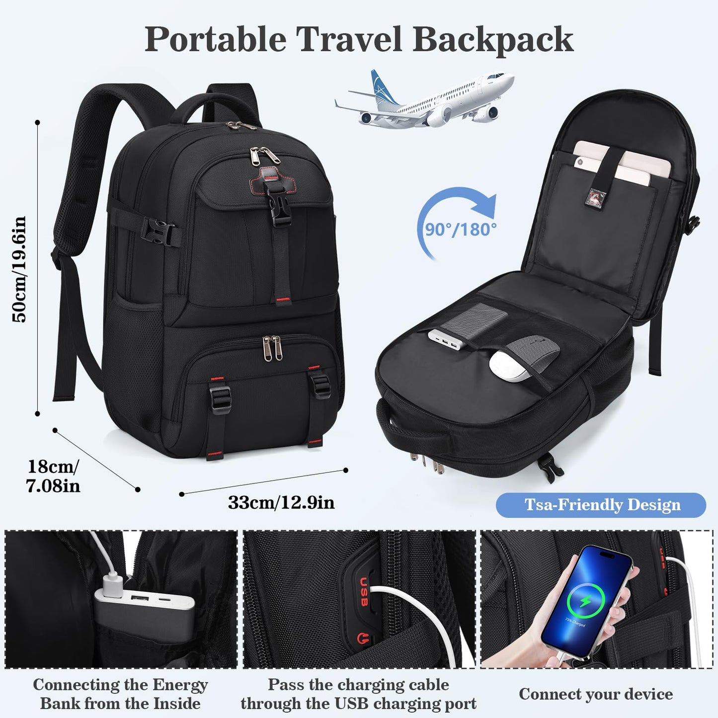 RAINSMORE Lunch Backpack 17.3 Inch Laptop Backpack for Men Women Waterproof Work Backpack with USB Charging Port for School Travel Business Black