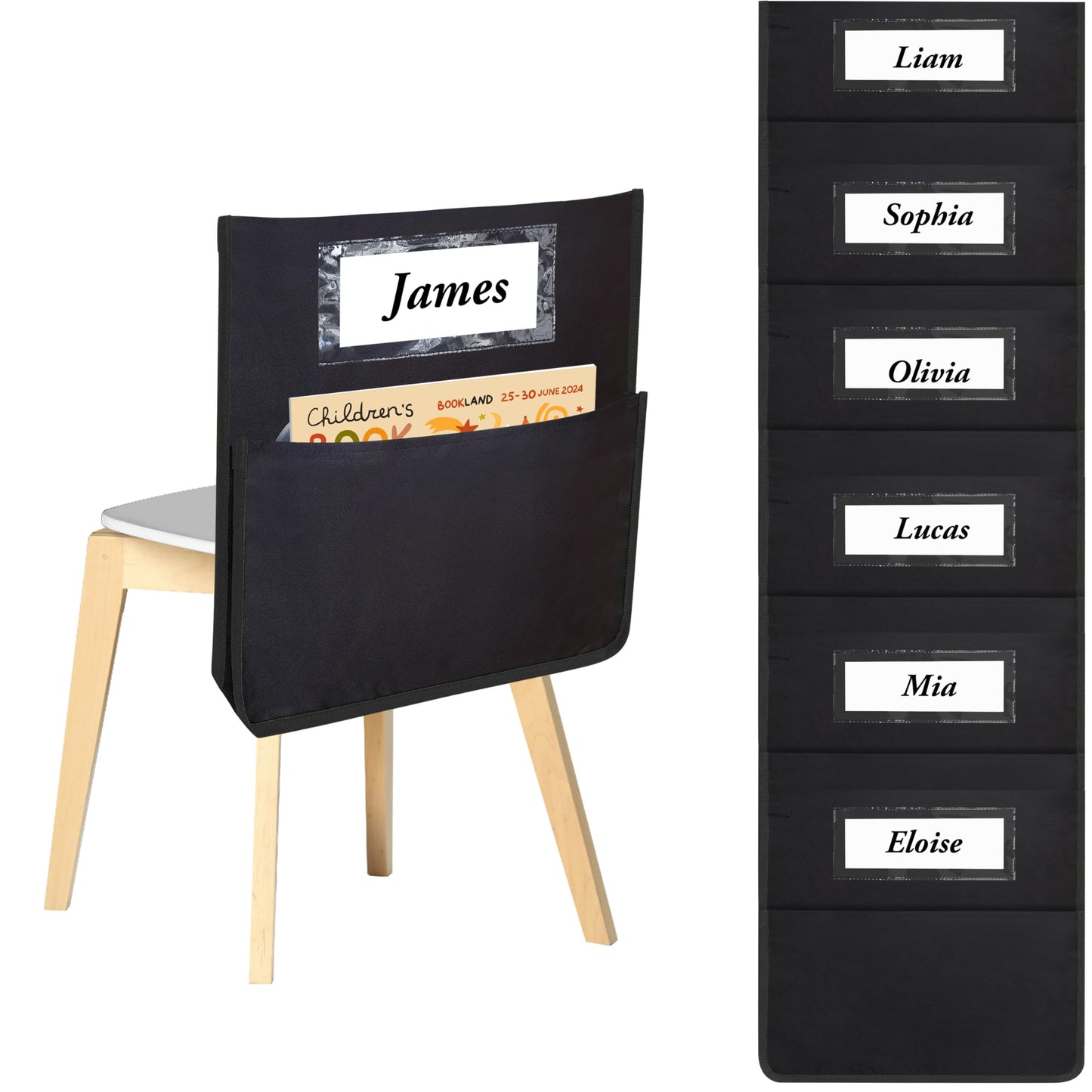 Chair Pockets for Classroom 15.6x18.5 Inch - 12 Pack Chairback Buddy Pocket Chart Seat Back Organizer Student Storage with Lable Slot for Classroom Kindergarten School Home, Black