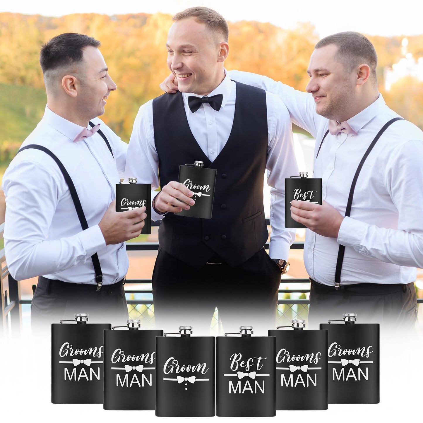 ELEGANTPARK Groomsmen Gifts Set of 6 Best Man Groom Flask Groomsmen Proposal Gift for Wedding Bachelor Party Favors Black Engraved Hip Flask Stainless Steel 8 oz