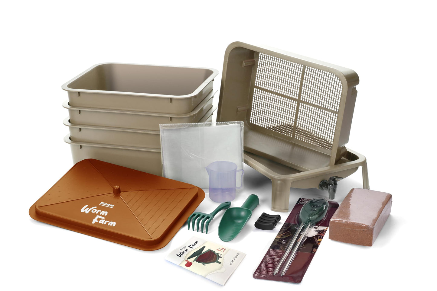 Blütezeit 5-Tray Worm Compost Bin, 53QT Outdoor & Indoor Worm Composter with Worm Farm Starter Kits for Home & Kitchen Recycling Food Waste (Gold)