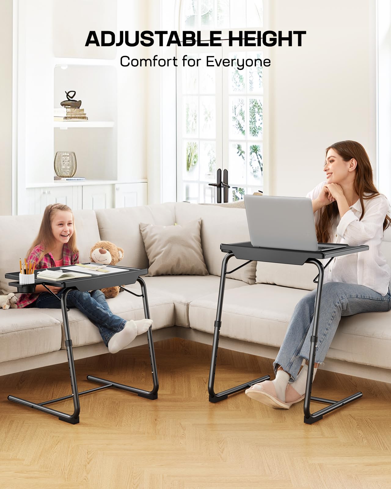 LORYERGO TV Table - TV Dinner Tray，Foldable Couch Table, Food Tray Tables with 6 Height & 3 Tilt Angle, Trays for Eating with Cup Holder, Folding Table for Bed & Sofa (Black)