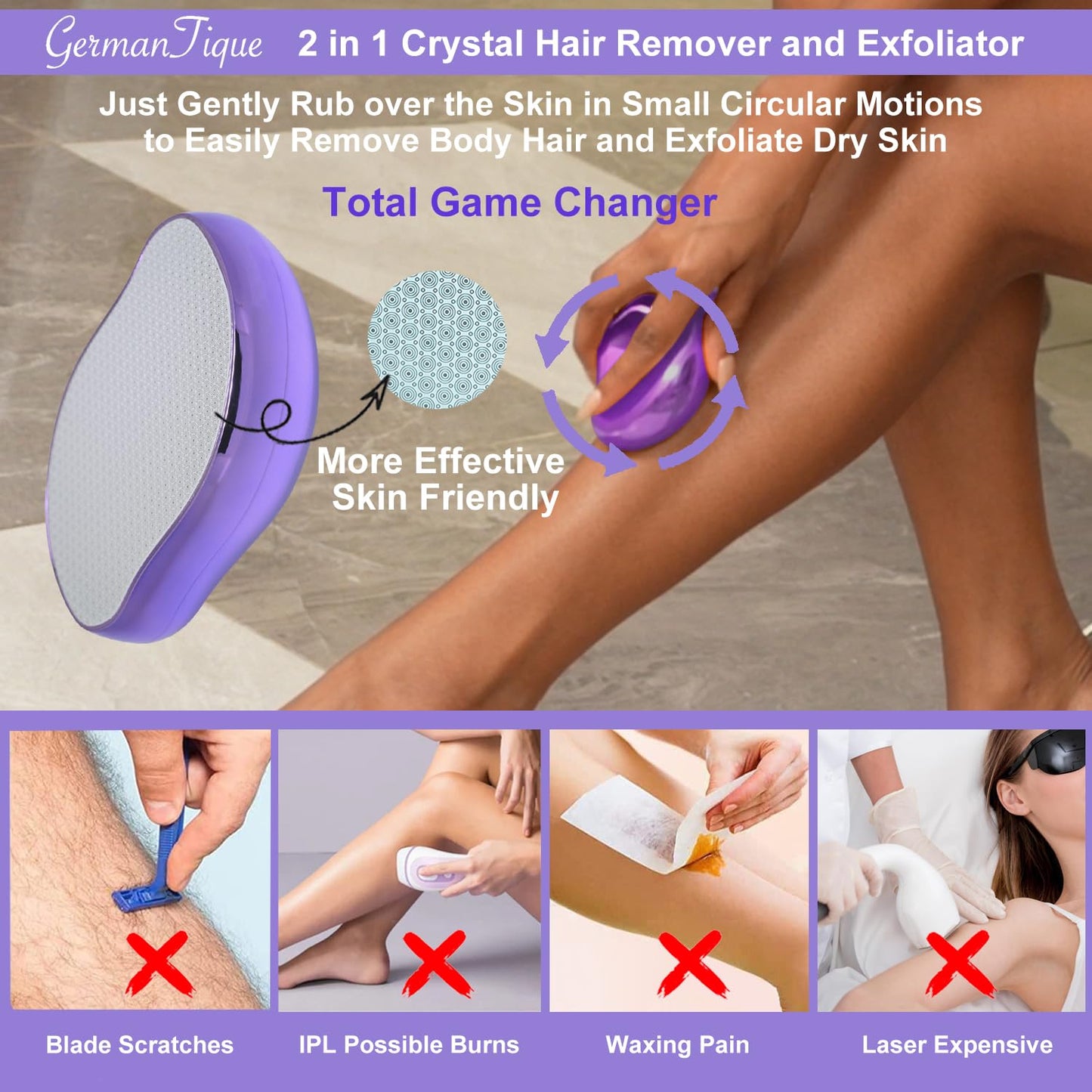 Germantique Crystal Hair Eraser,Natural Crystal Hair Remover,Reusable Painless Nano Glass Hair Removal Device without Shaver,Gentle Crystal Epilator and Exfoliator for Soft Silky Skin(Violet)
