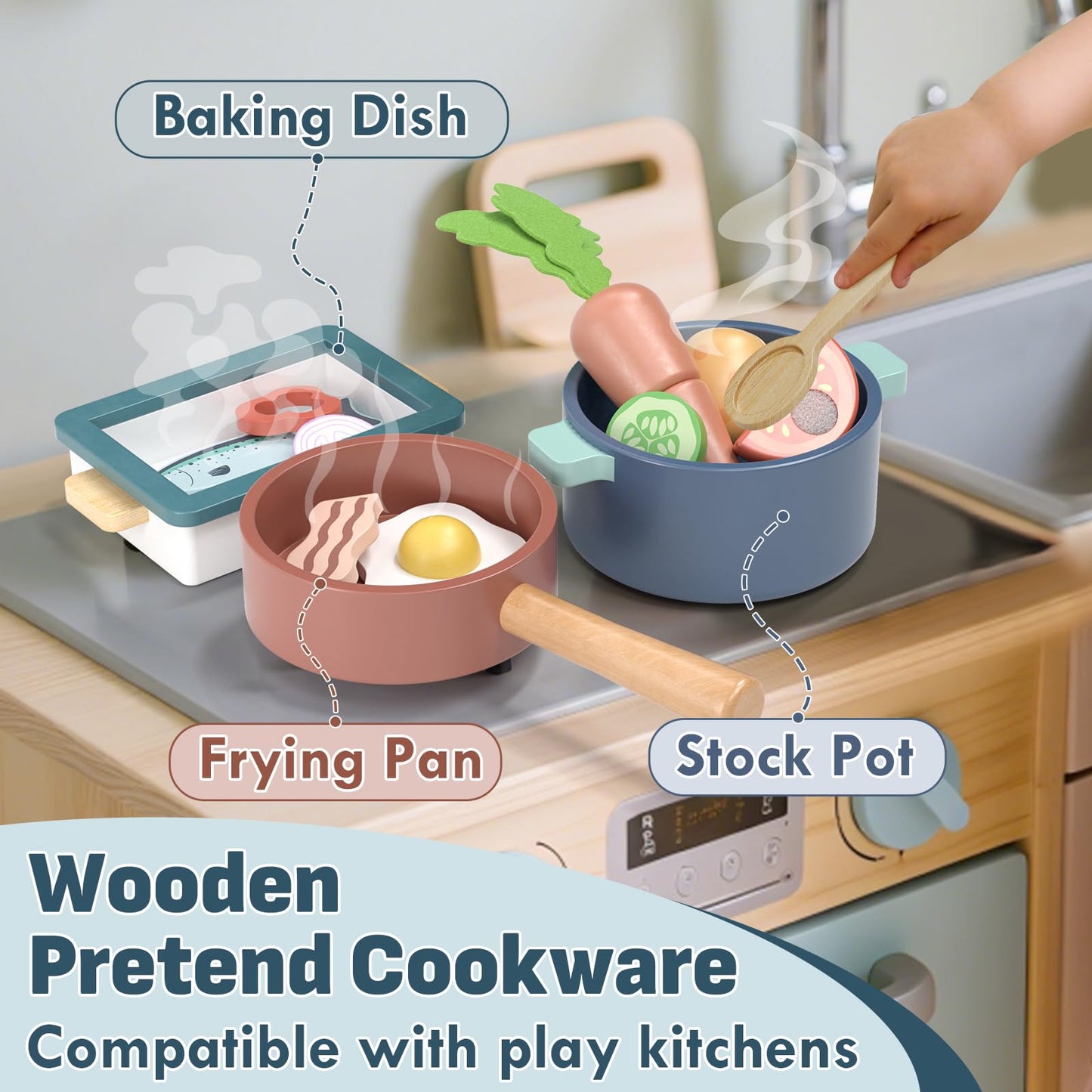 Lehoo Castle Wooden Play Kitchen Accessories, Play Pots and Pans Sets for Kids, Play Food Sets for Kids Kitchen, CookingToys Play Dishes for Toddlers 3-5 Girls