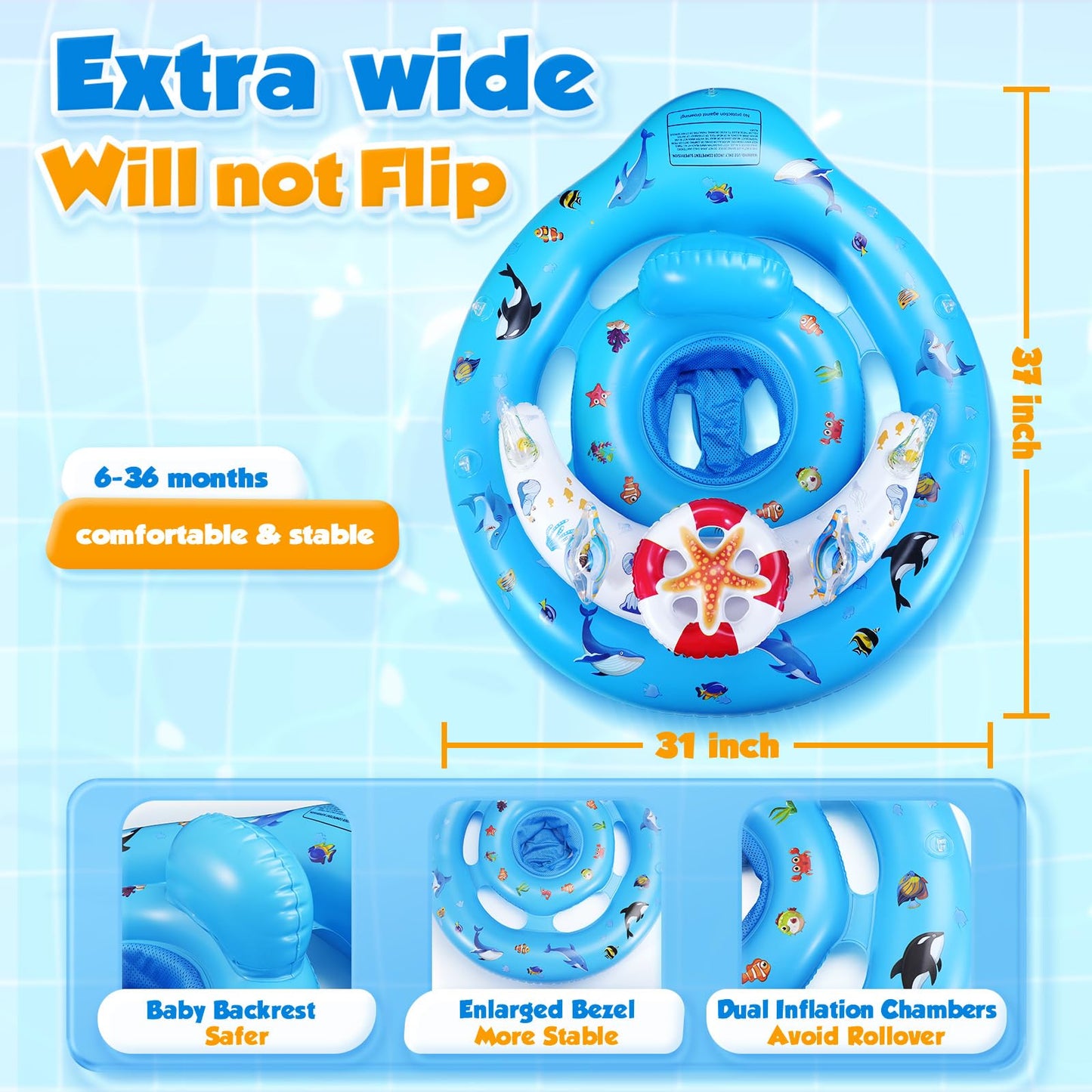 Baby Pool Float with Canopy UPF50+ Sun Protection, Inflatable Kids Pool Floats with Ocean Animal Toys for Baby 6-36 Months, Infant Swimming Float with Adjustable Safety Seat for Girls Boys