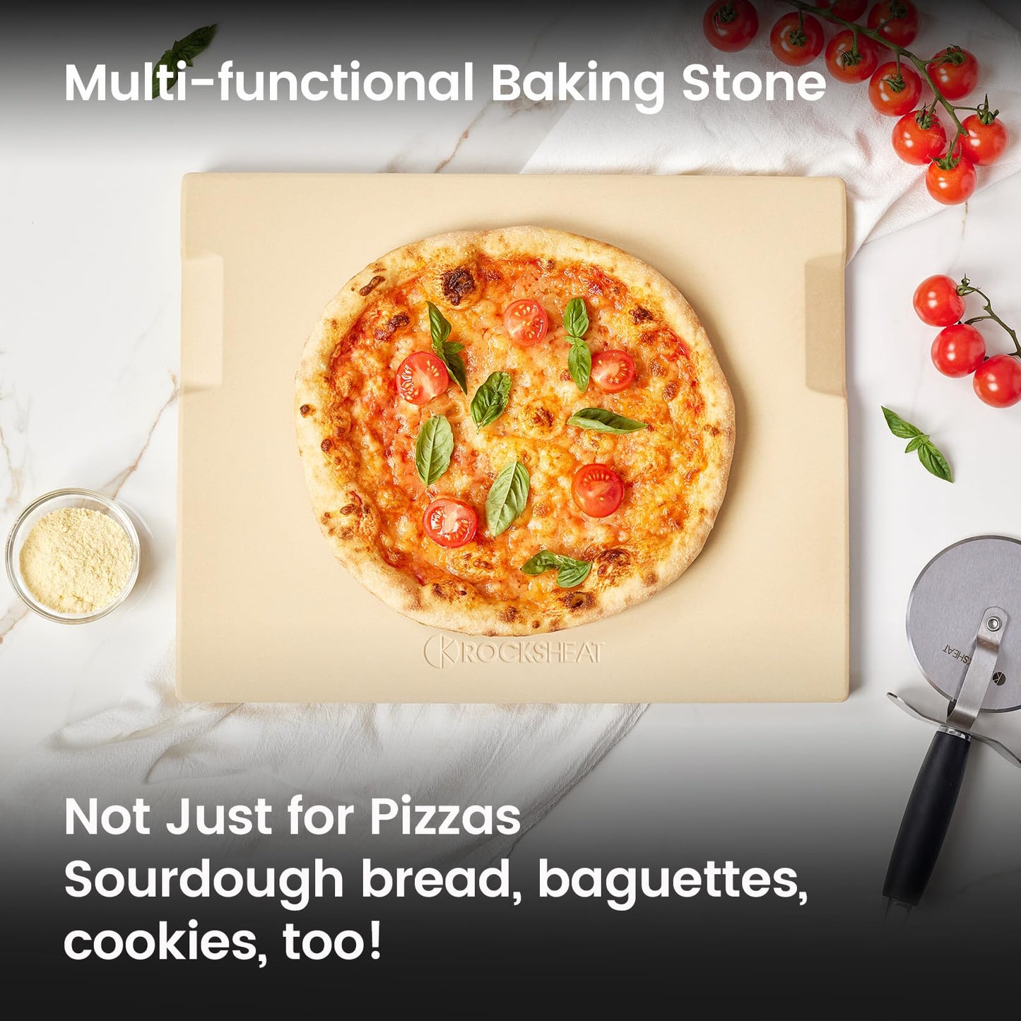 ROCKSHEAT Pizza Stone Made of Cordierite for Pizza & Bread Baking Grilling. Perfect for Oven or Grill. Innovative Unique Double - Faced Built - in 4 Handles Design (Rectangular 12"x15"x0.63")